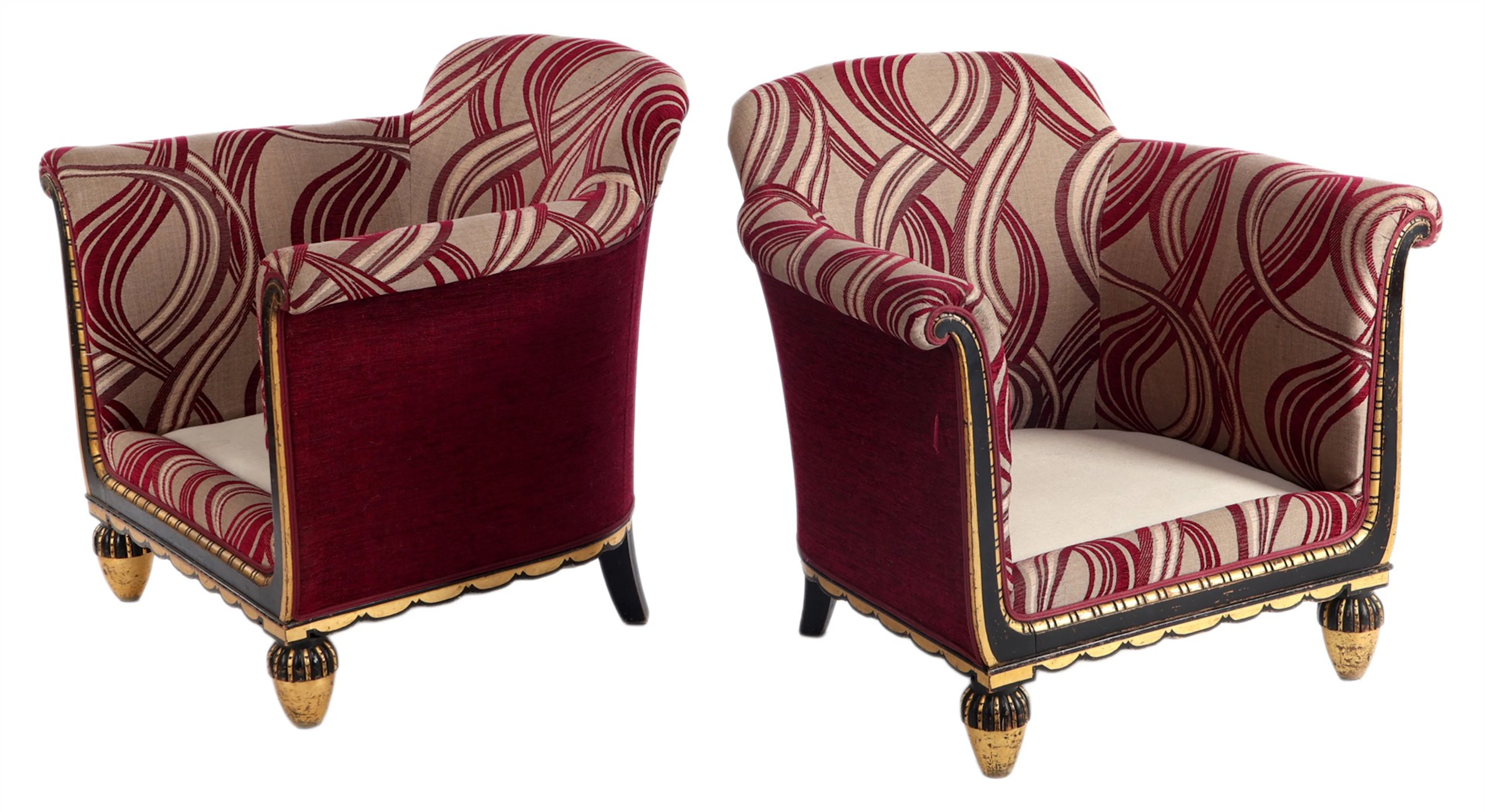 2 Art Deco paars en grijs gestoffeerde fauteuils met...