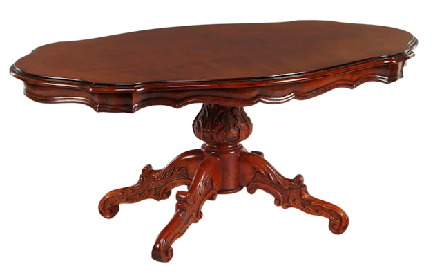 Ovale wortelnotenfineer salontafel met gecontourneerd blad