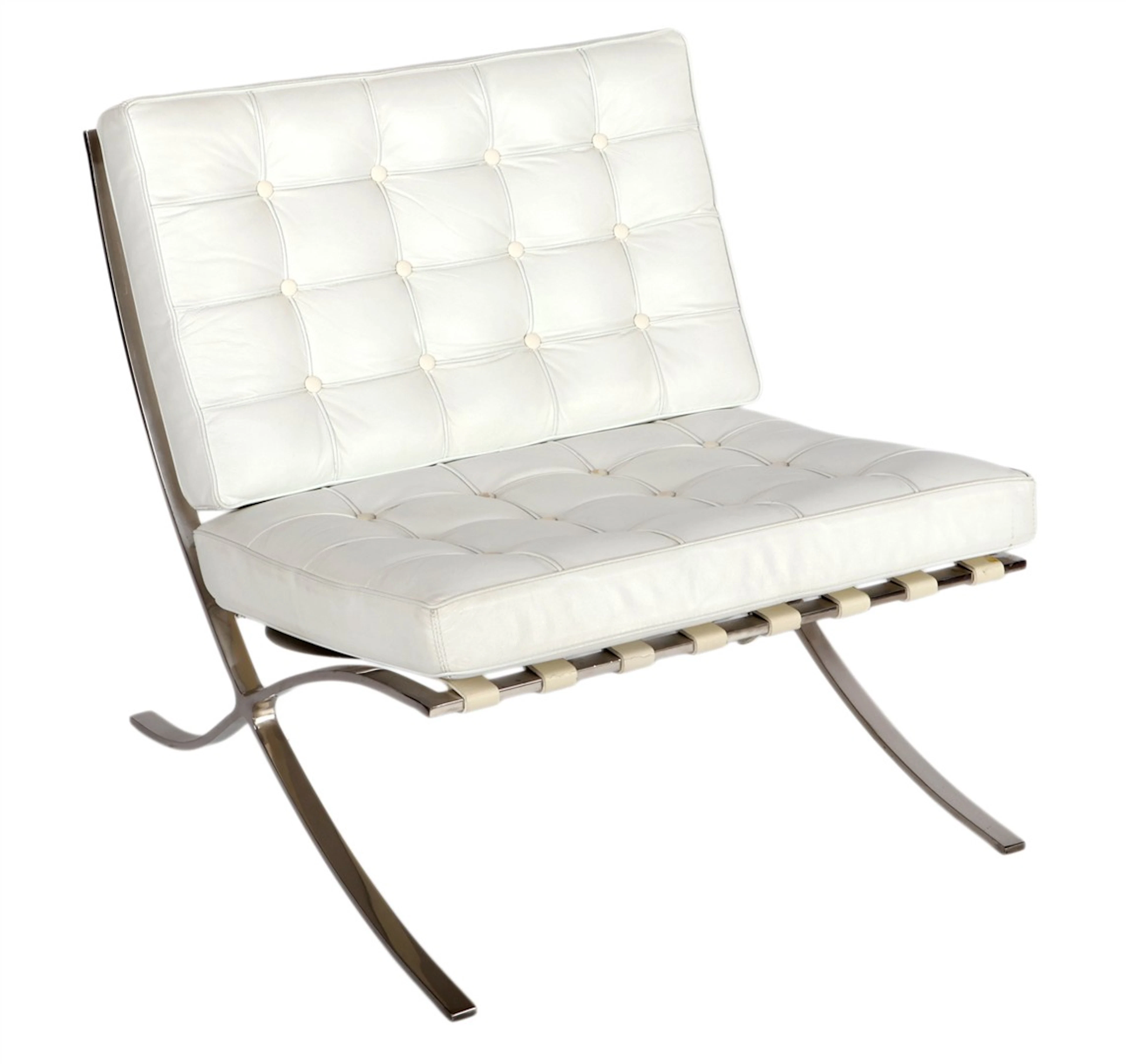 Verchroomd metalen loungestoel met wit lederen kussens in...