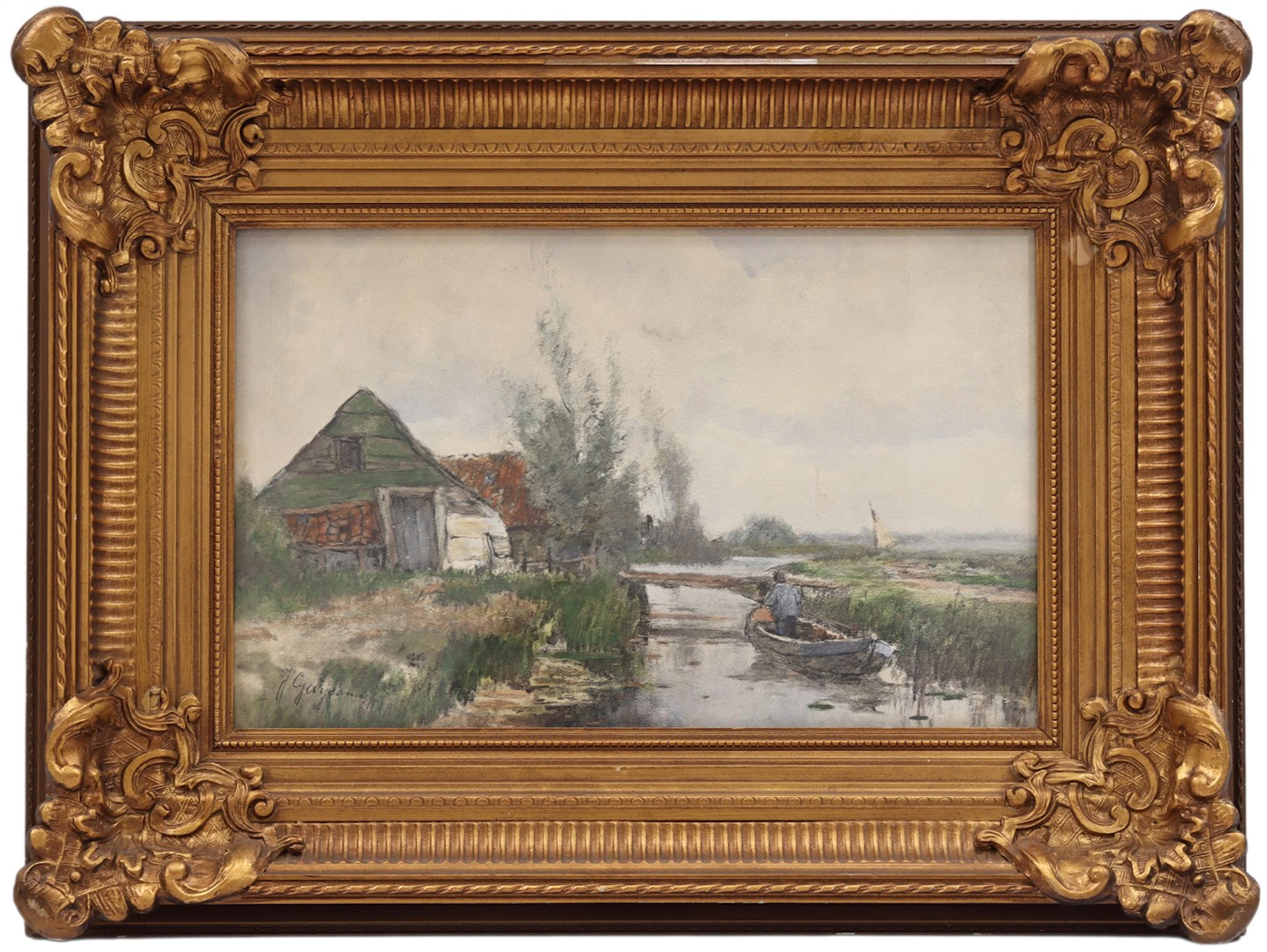 Hollands landschap met boer in bootje in sloot bij boerderij