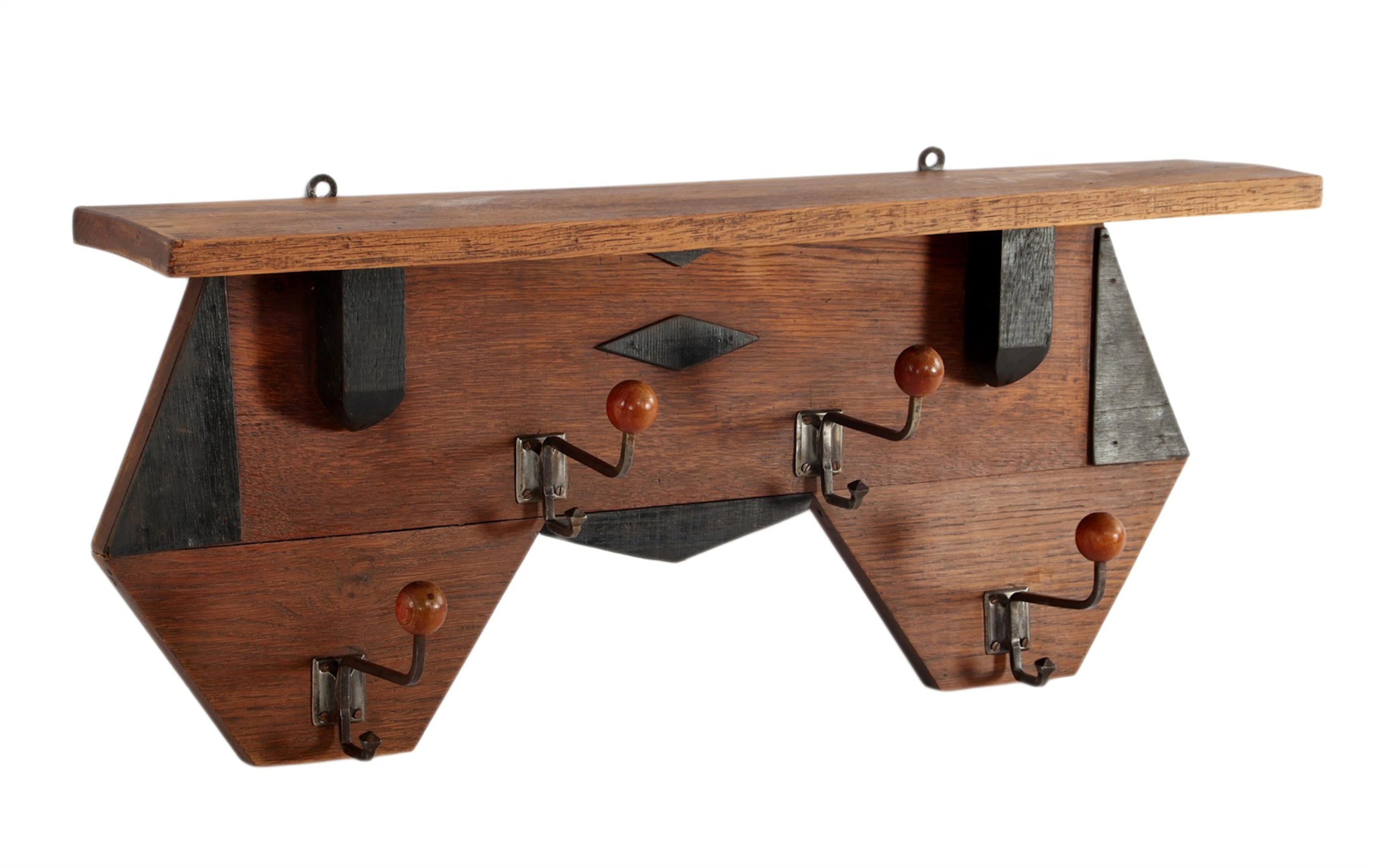 Eiken wandkapstok met 4 metalen haken
