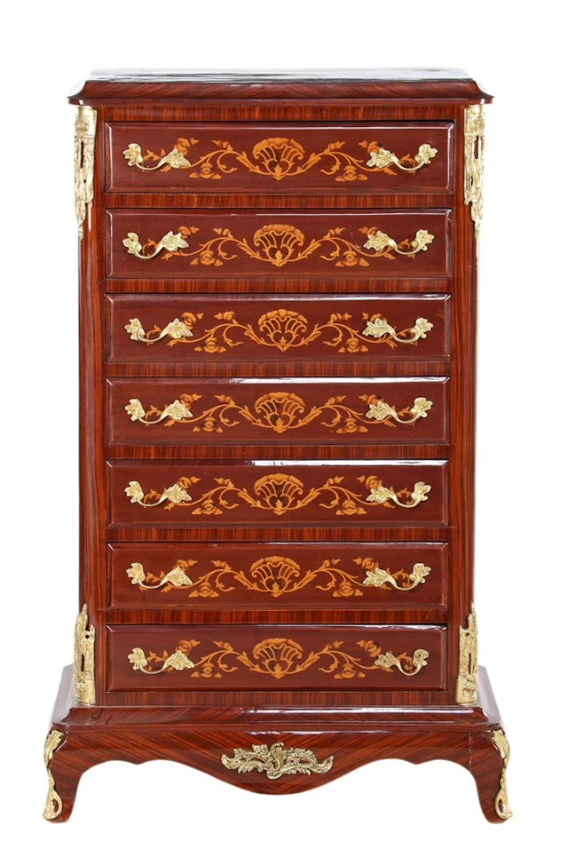 Rozenhoutenfineer semainiere met messing beslag en floraal marqueterie