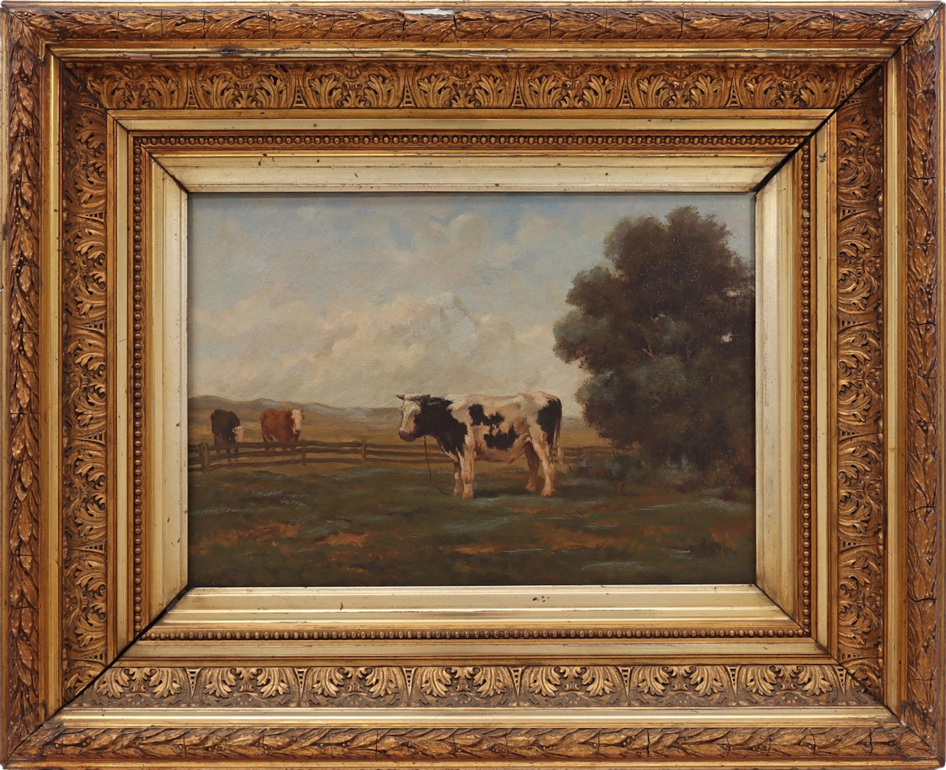 Landschap met koeien bij hek