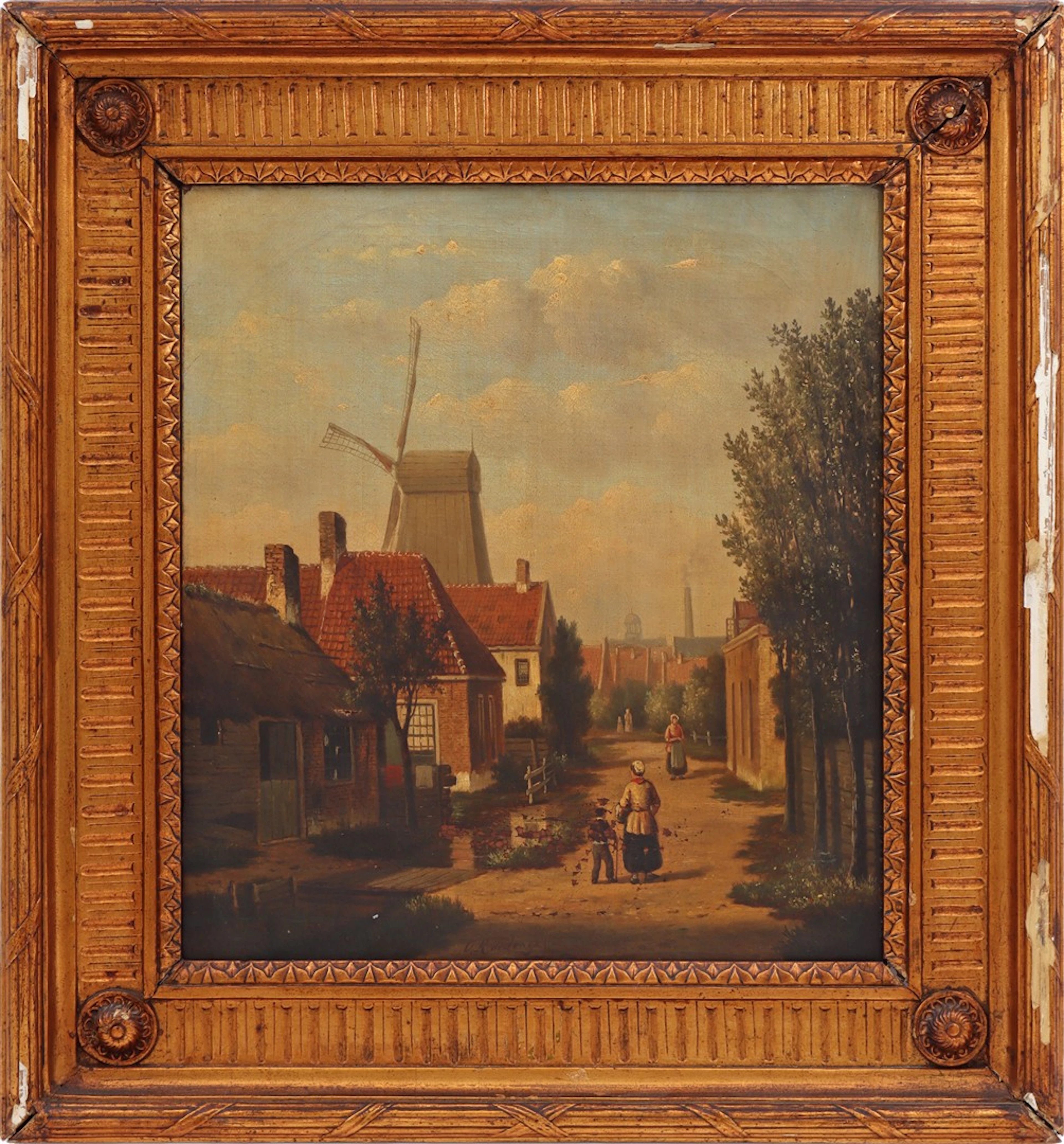 Hollands straatgezicht met molen op achtergrond