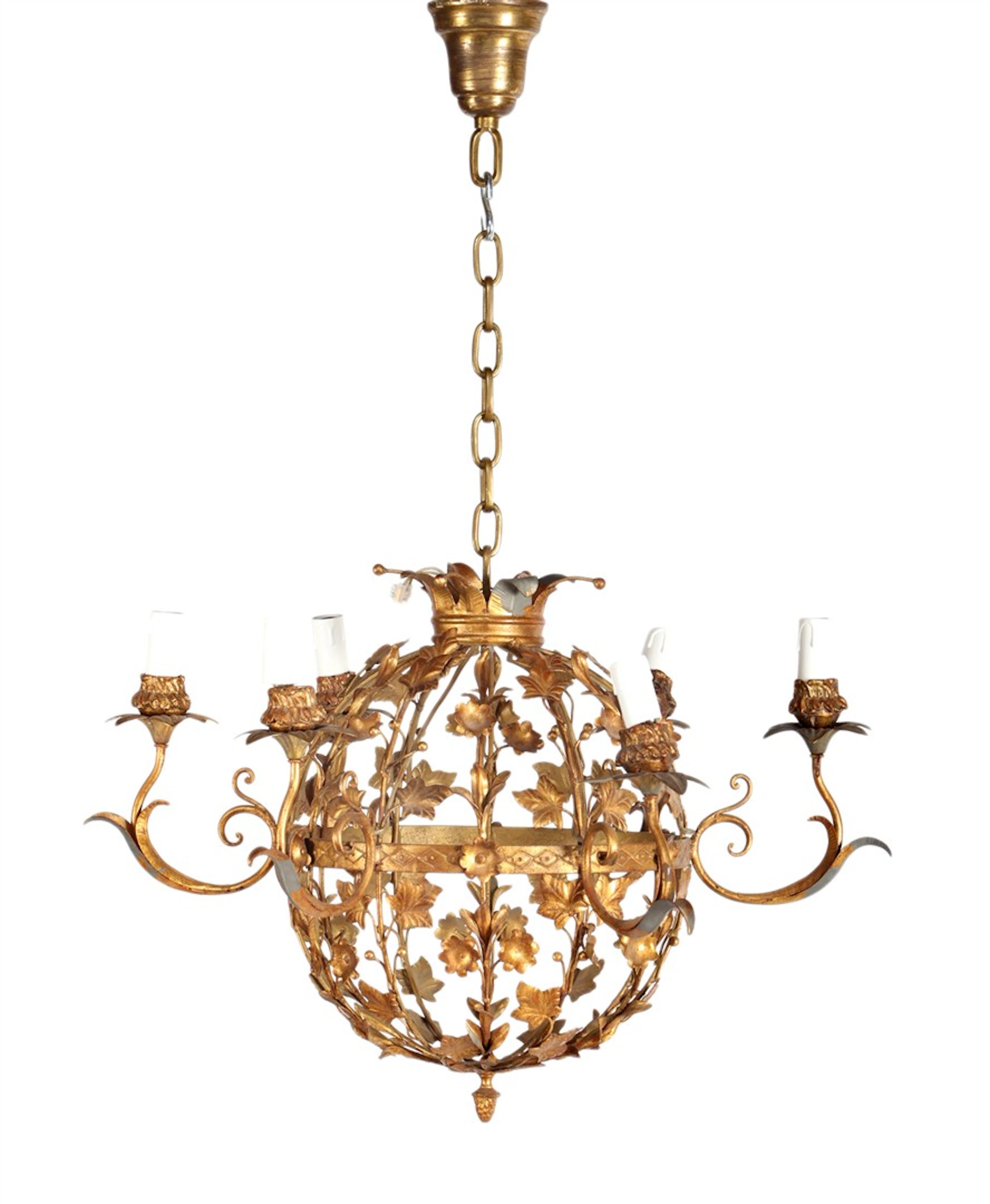 6-lichts goudkleurige metalen hanglamp met floraal decor