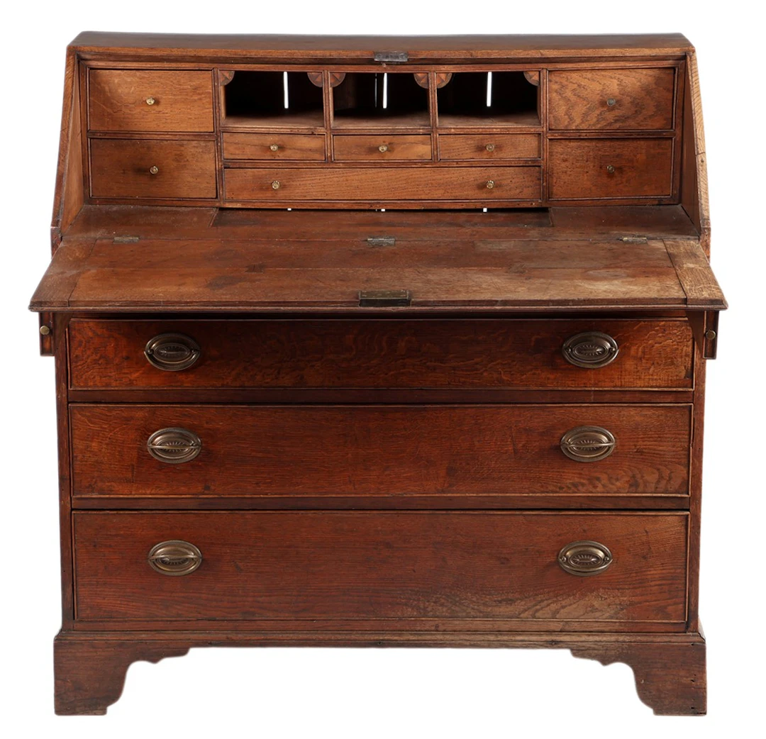 Eiken empire klepbureau met 3 laden en 8 laadjes