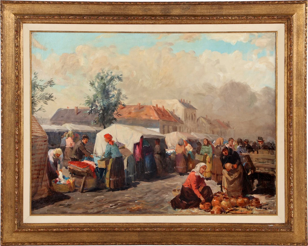 Markt te Pest (Boedapest) met vele figuren