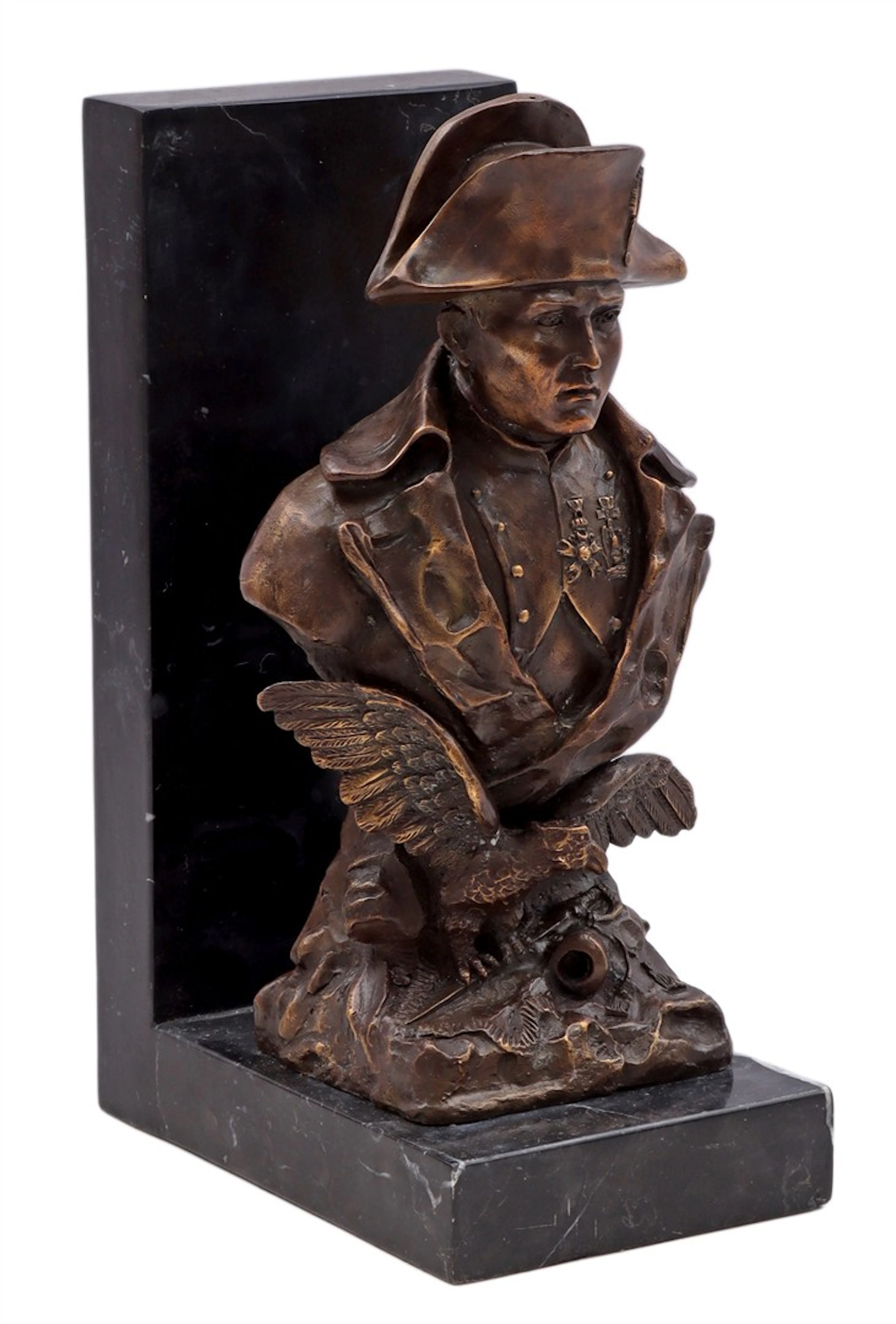 Bronzen buste van Napoleon op marmeren boekensteun