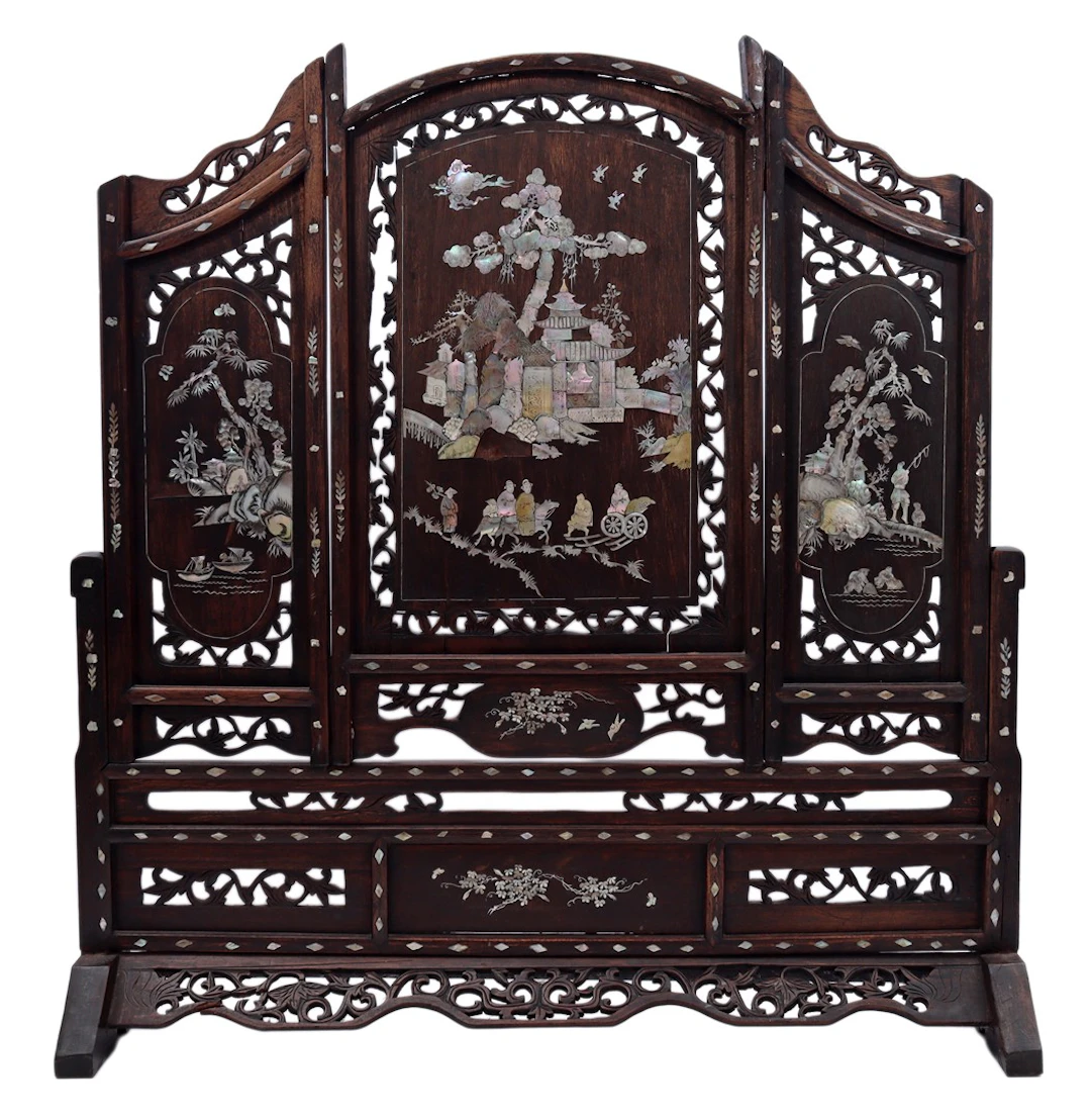 Oosters teakhouten sierscherm met parelmoer decor van...