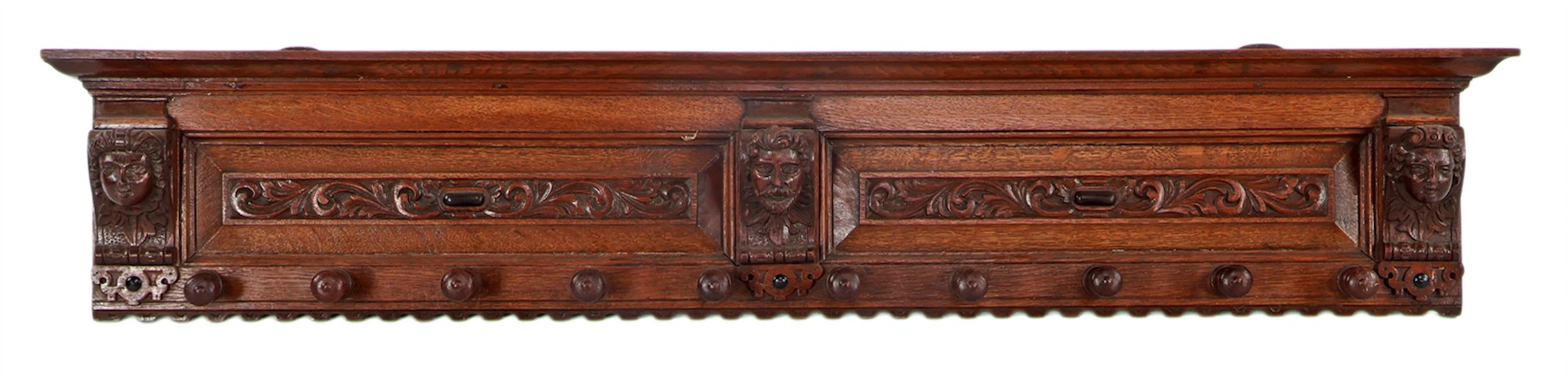 Eiken renaissance stijl wandkapstok met 3 bestoken...