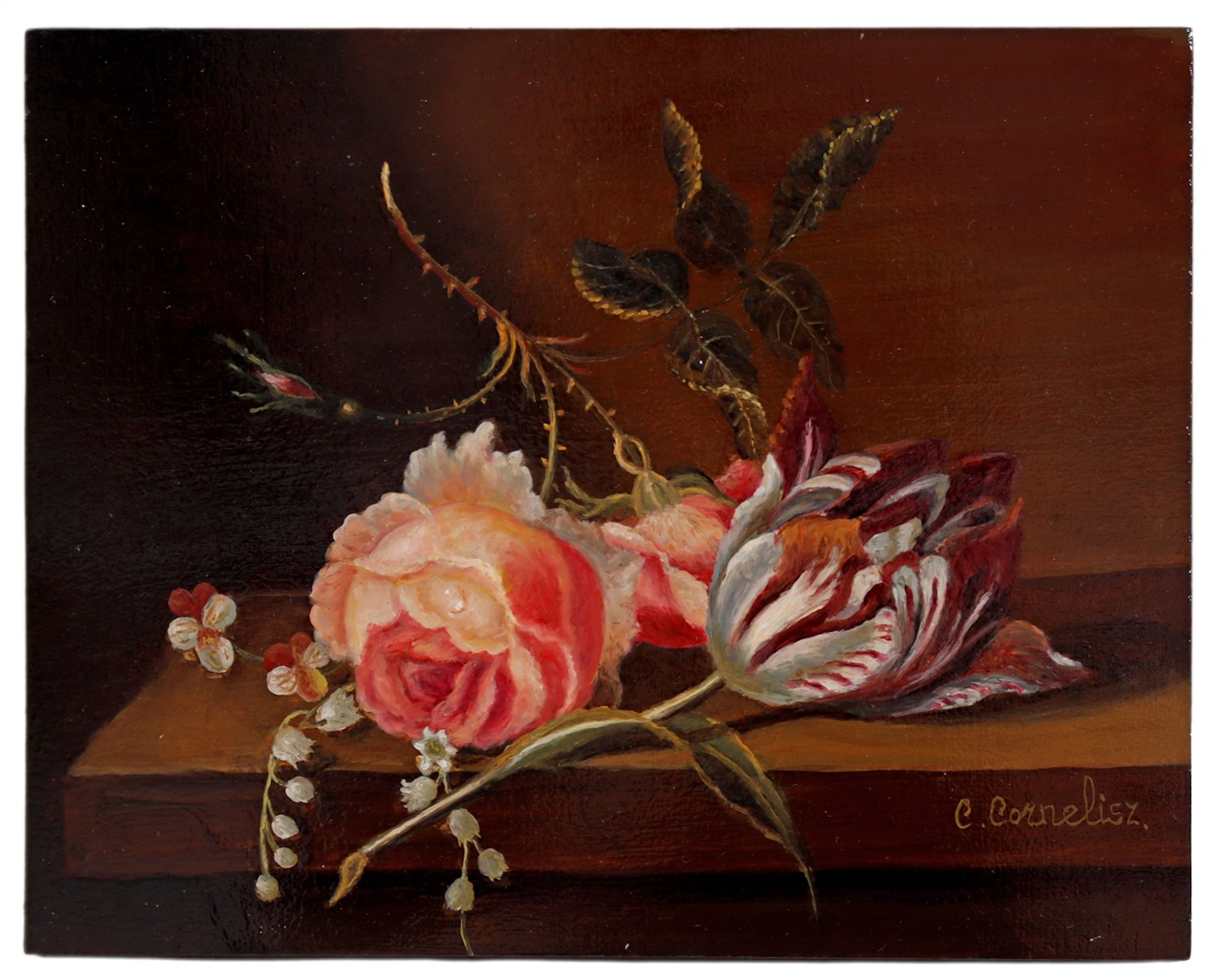 Stilleven van roos en Franse tulp op plint