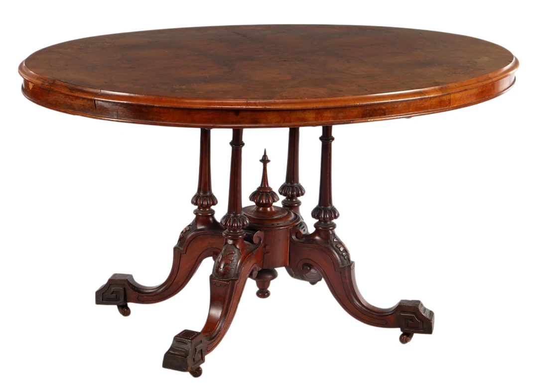 Wortelnoten en noten tilt-toptafel met ovalen blad met intarsia