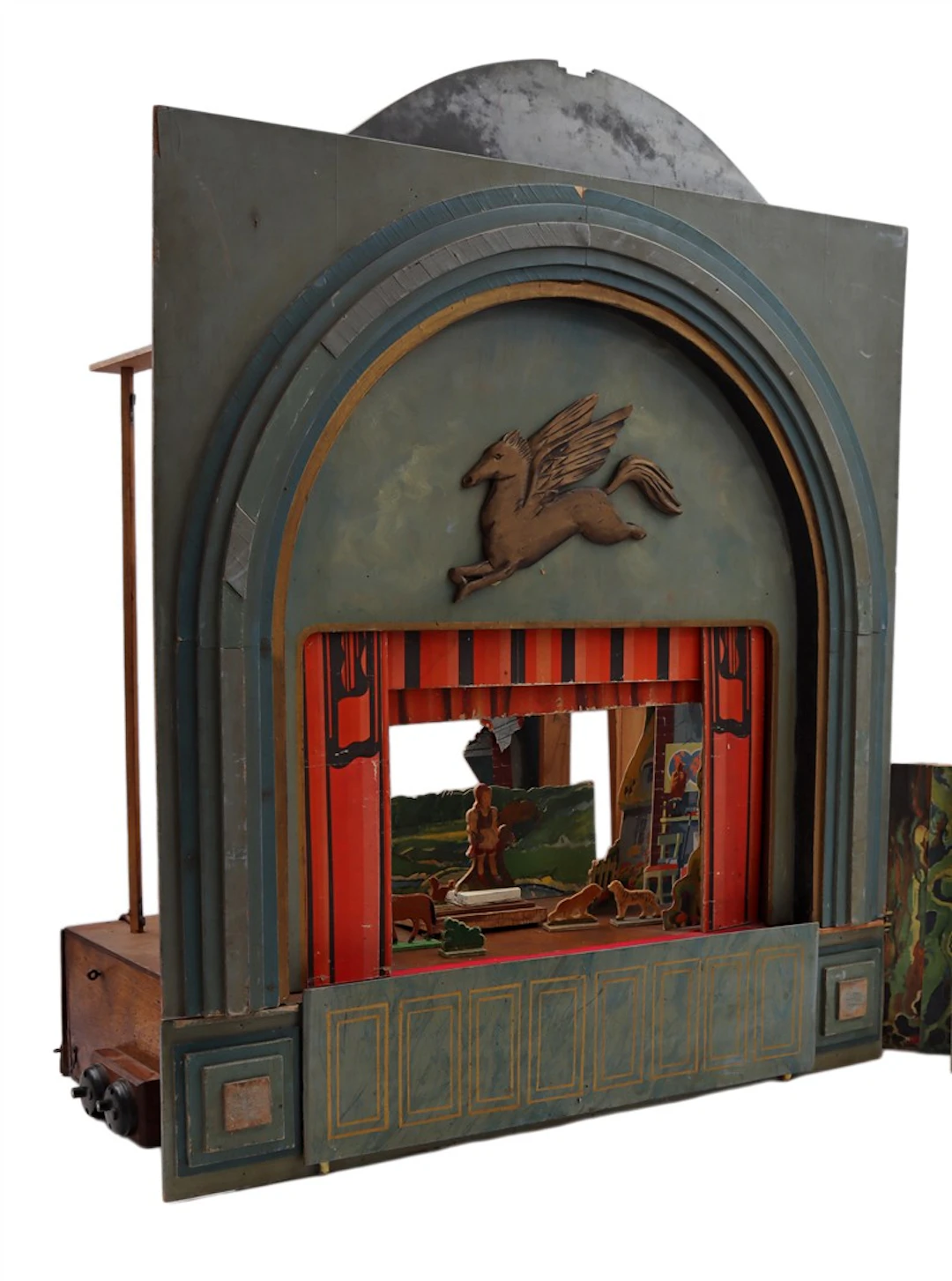 Houten speelgoed theater met verwisselbare decorstukken en figuren