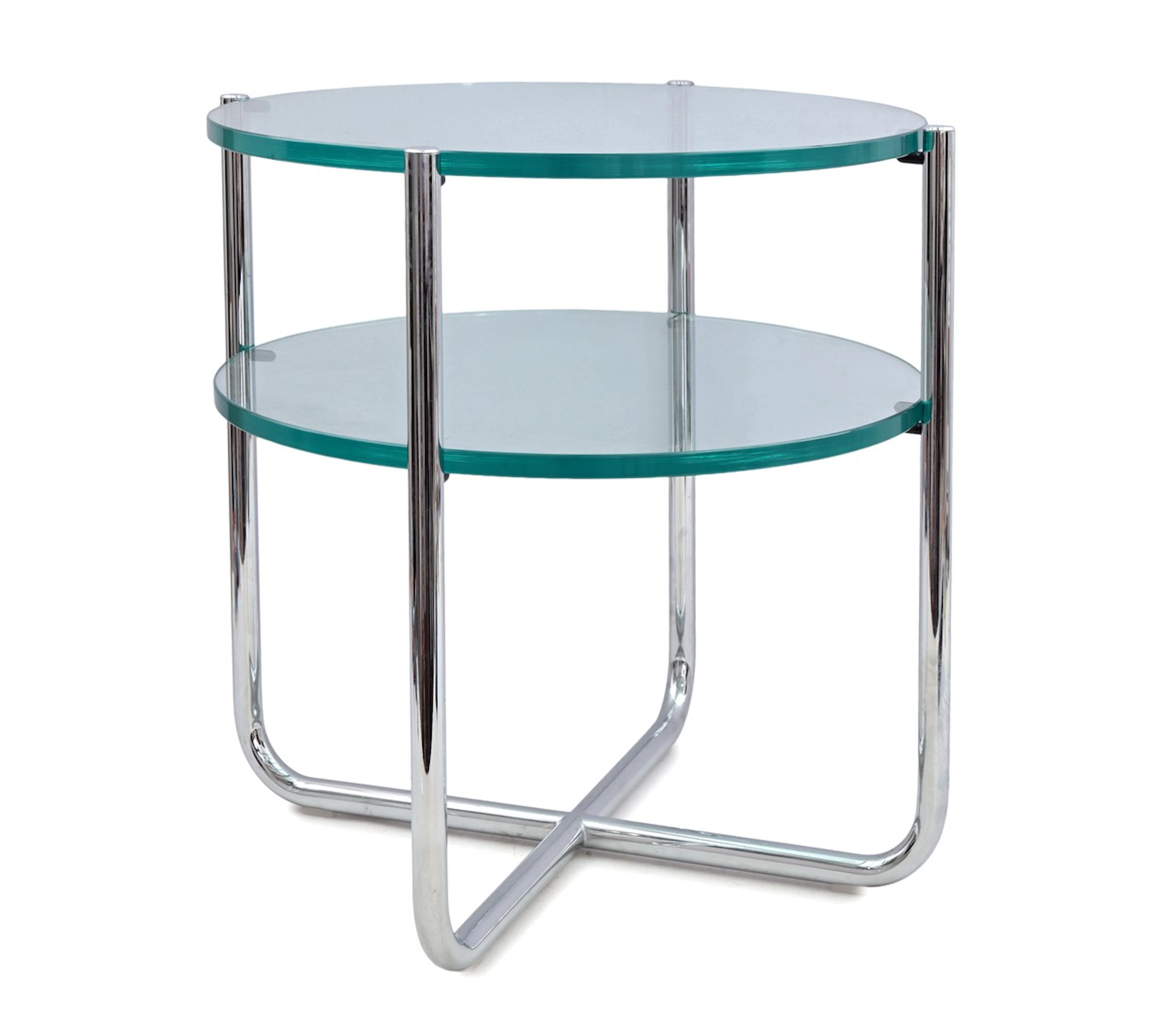 Verchroomd metalen bijzettafel met 2 ronde glasplaten