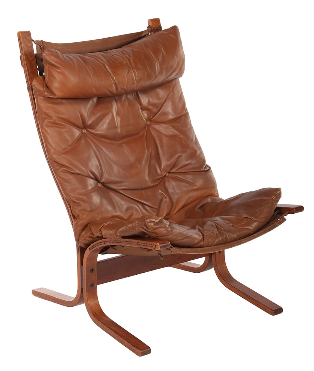 Gebogen beukenhouten relaxfauteuil met lederen kussens