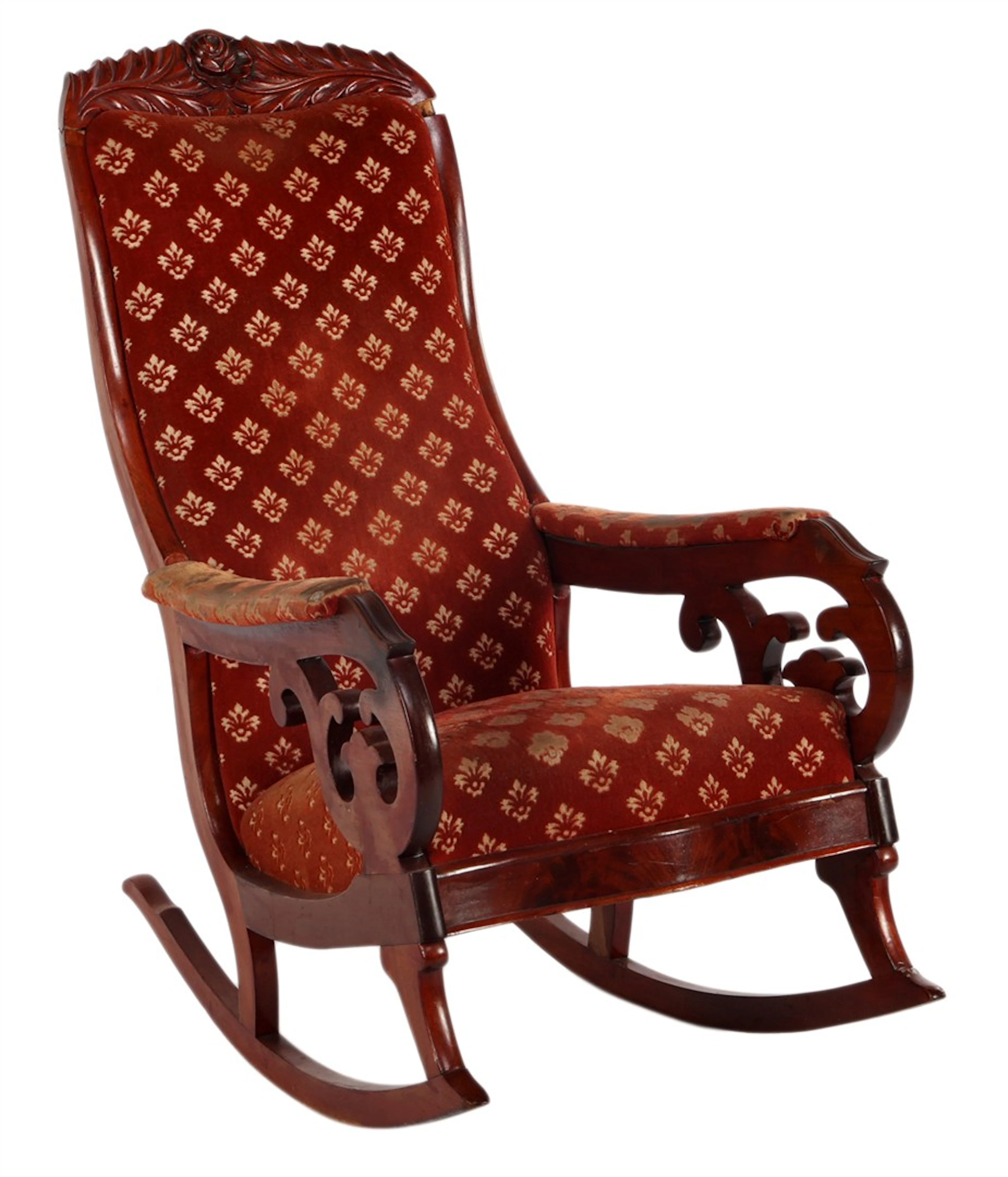 Noten schommelstoel met gestoken kuif en velours bekleding
