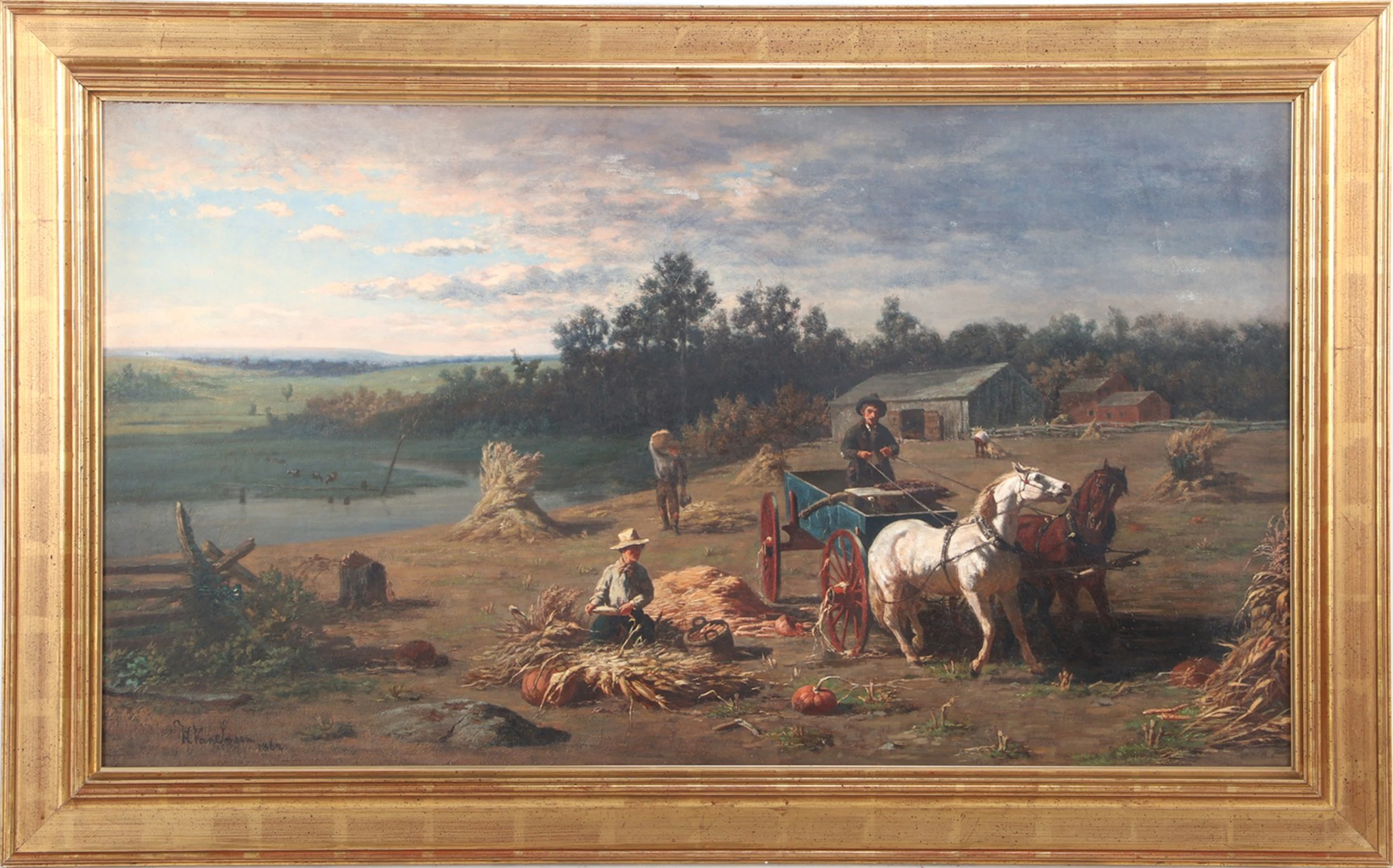 Landschap met arbeiders op het land met mais