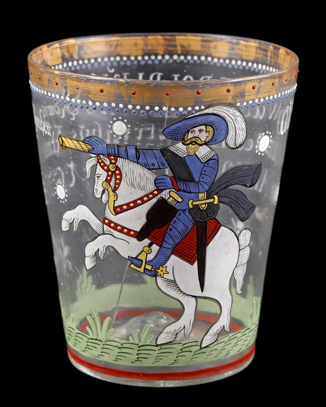 Glazen 'Historismus' beker met afbeelding van koning Gustav Adolf te paard