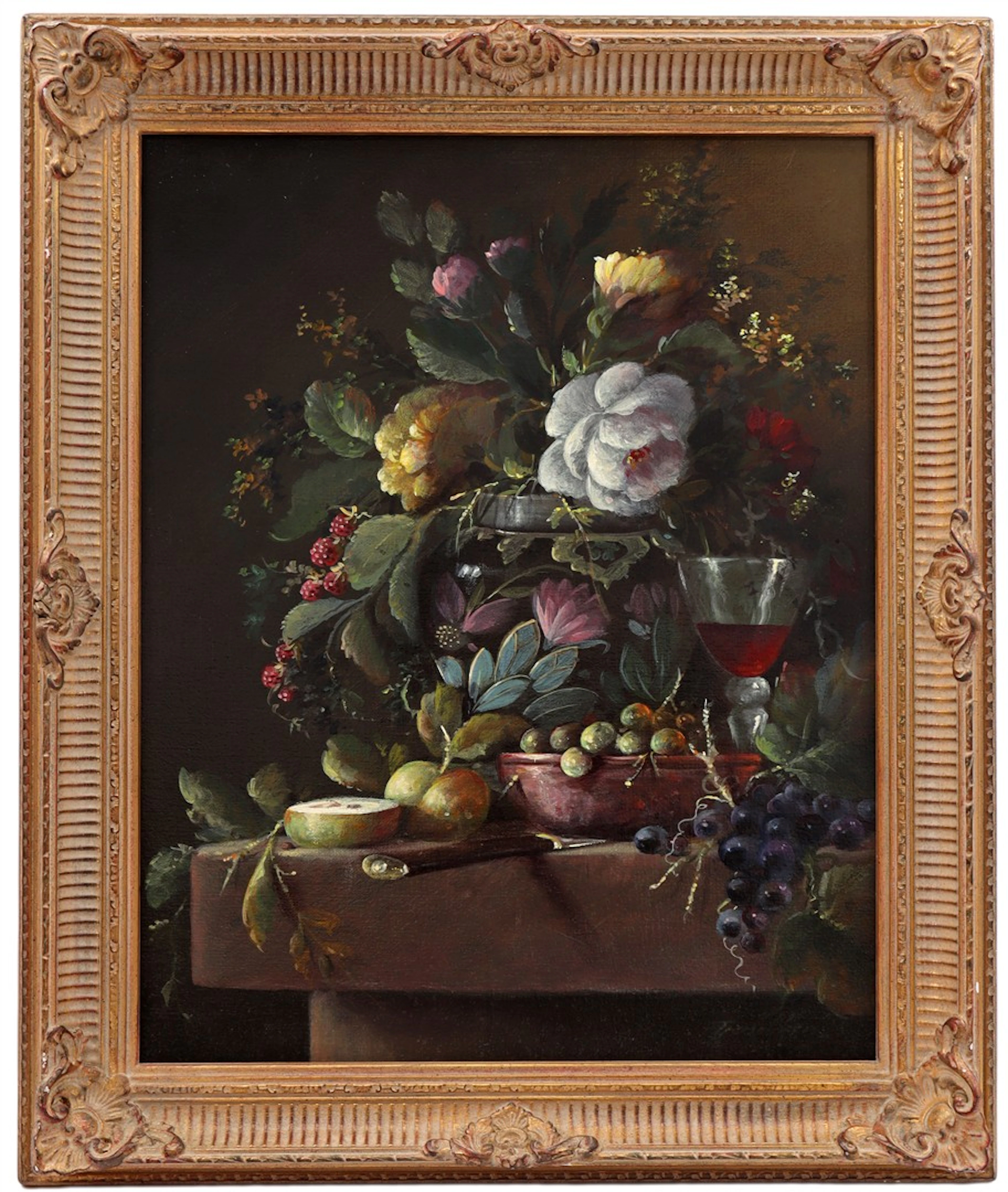 Stilleven met bloemen en fruit