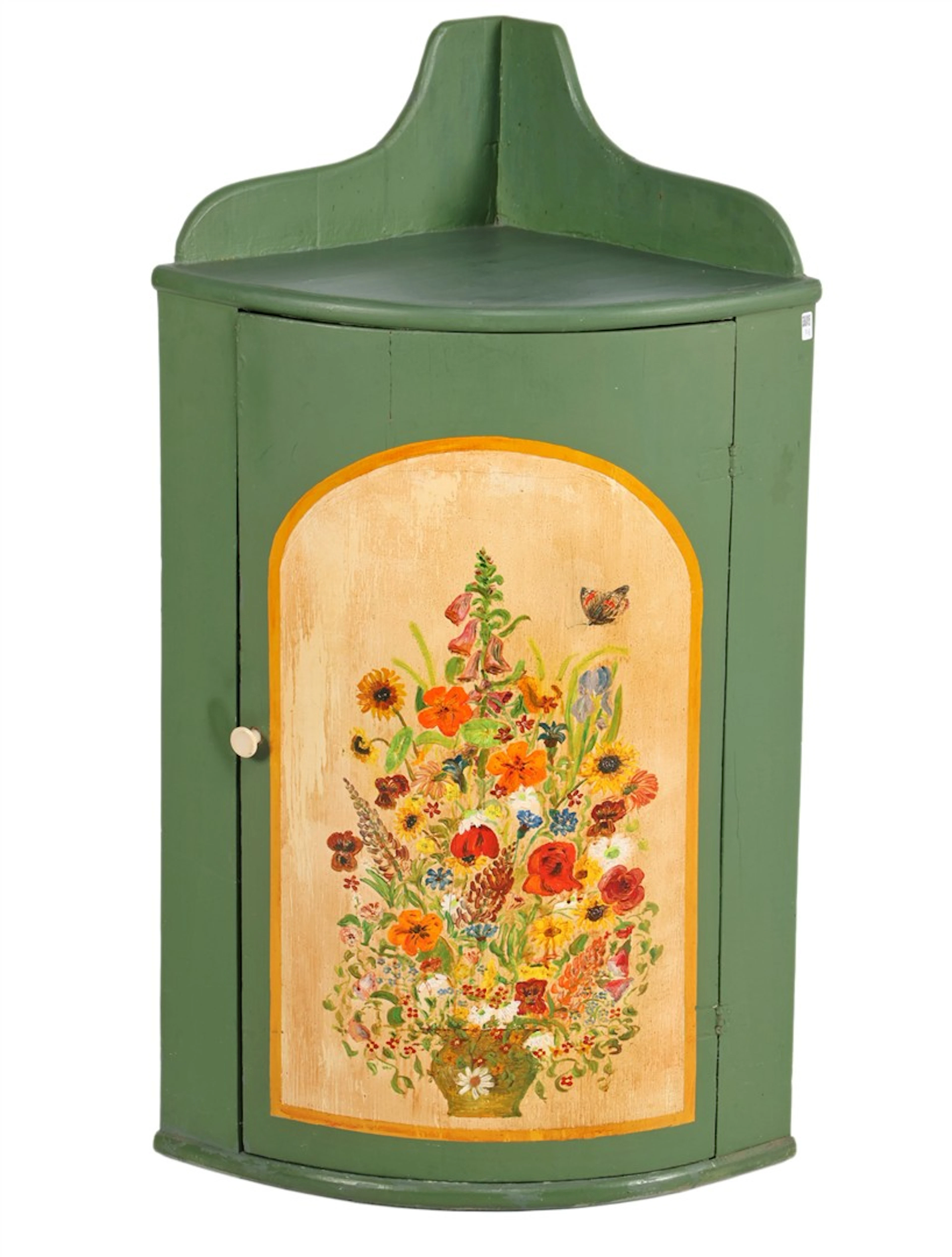 Groengelakte houten 1-deurs hoekkast met decor van bloemstilleven