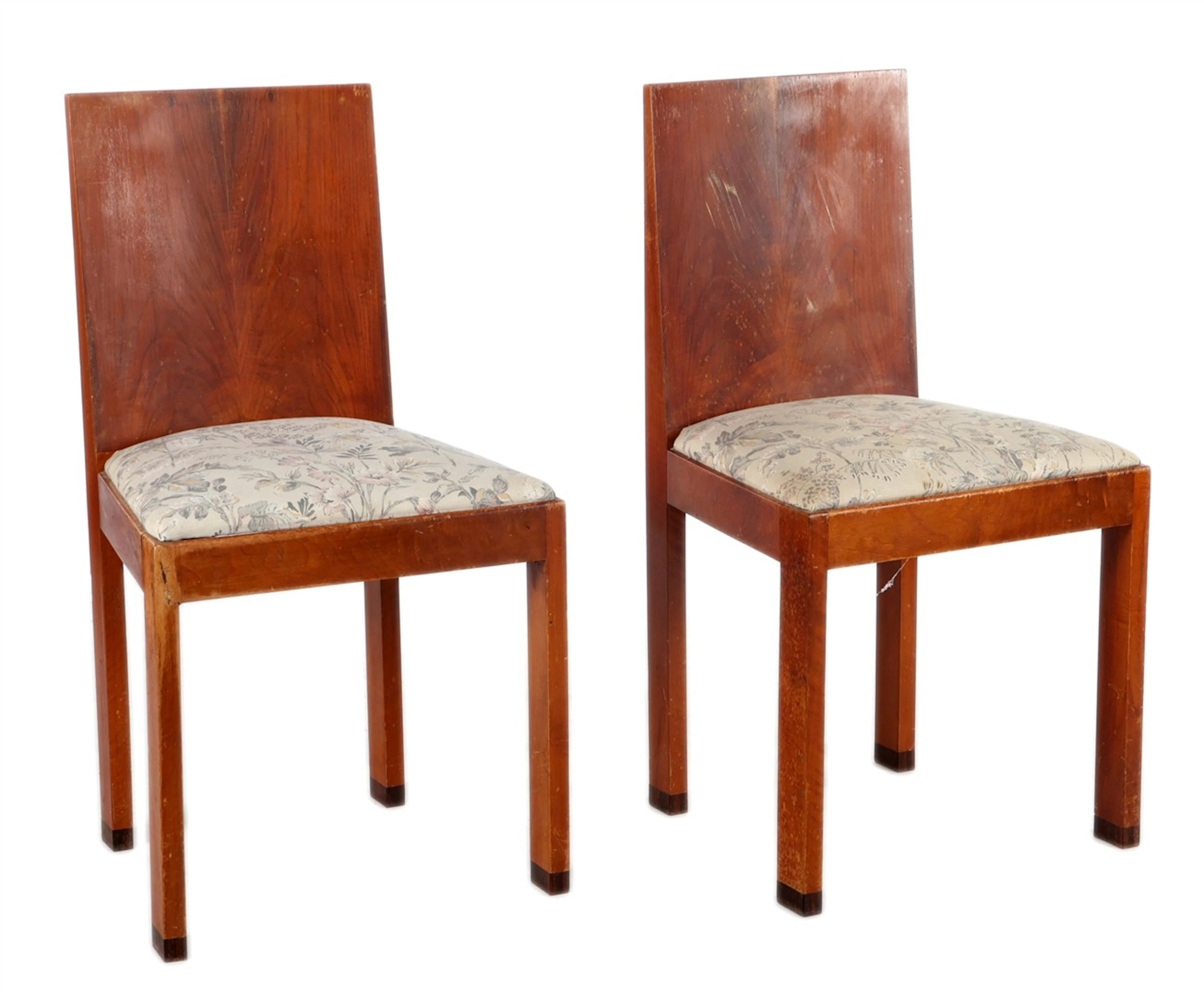 2 Haagse School beukenfineer eetkamerstoelen met floraal gestoffeerde zitting