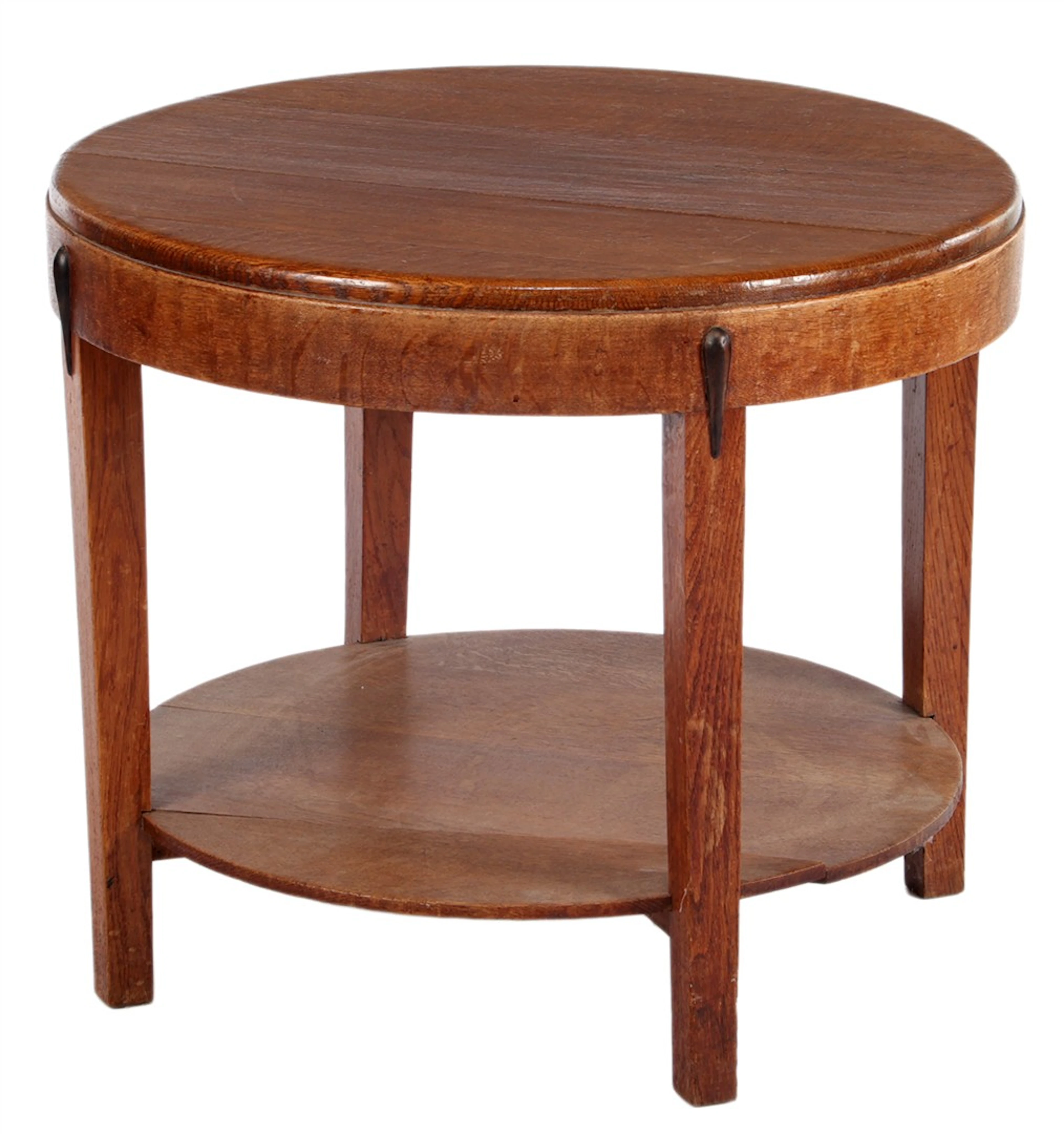 Amsterdamse School eiken salontafel met onderschap en coromandel accenten