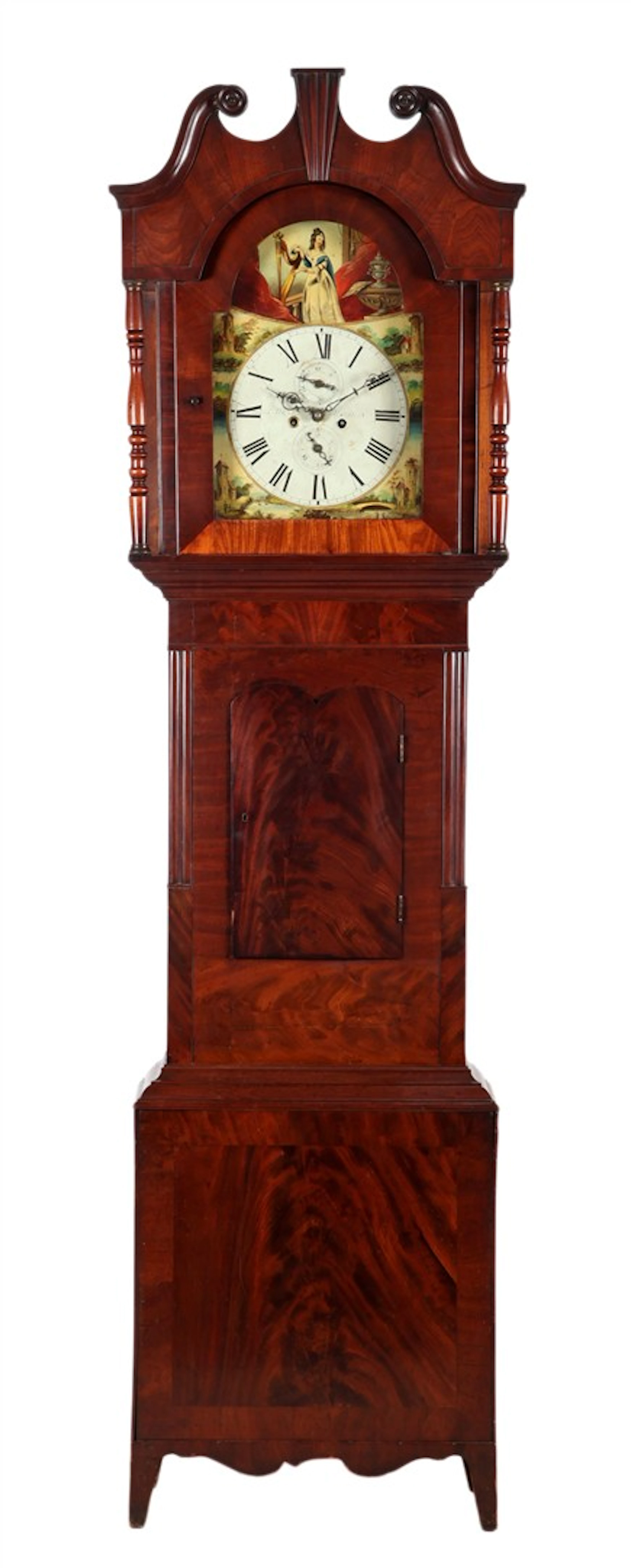 Staand horloge in een mahoniefineer kast met beschilderde...
