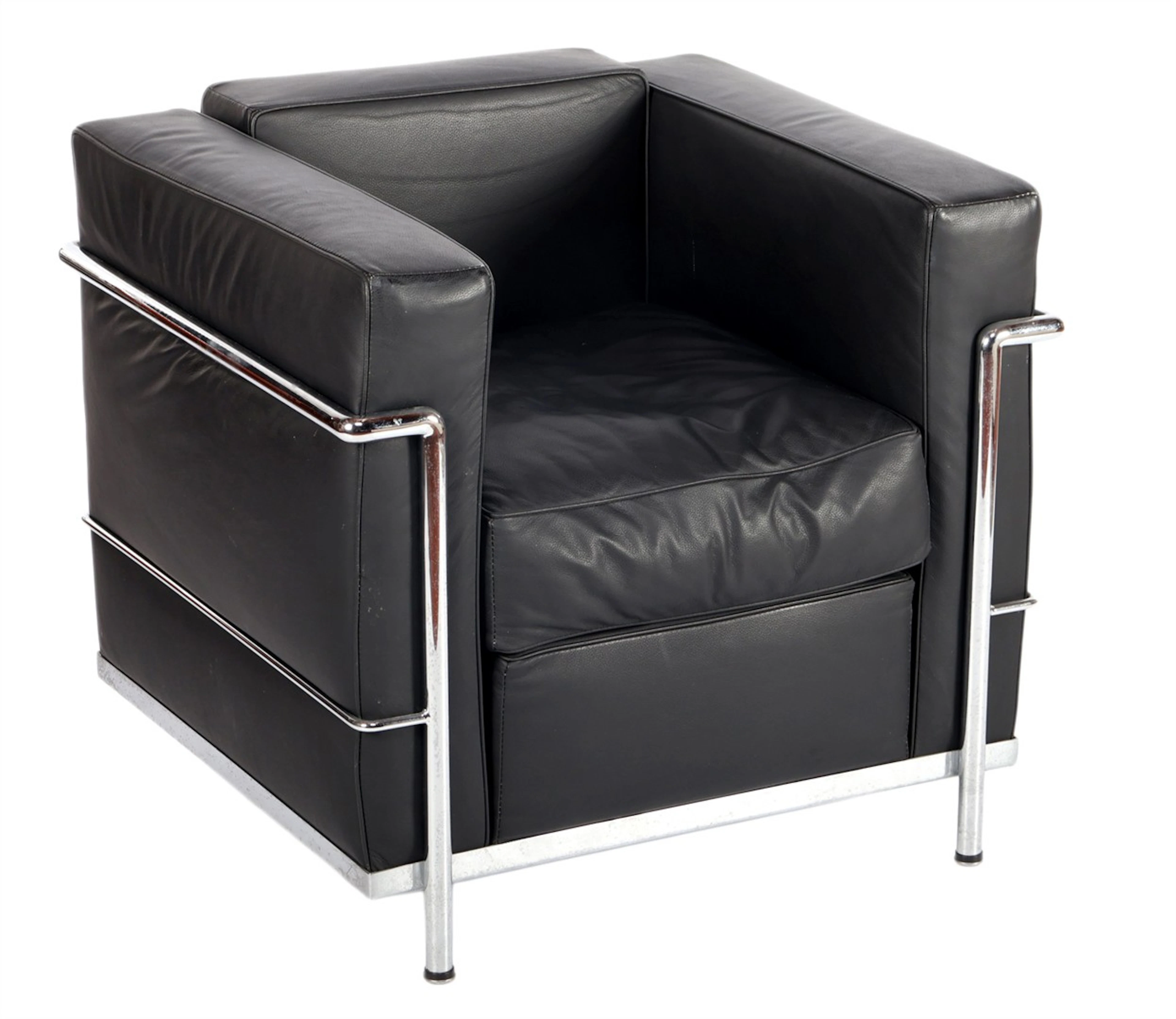 Verchroomd metalen fauteuil met zwart lederen kussens