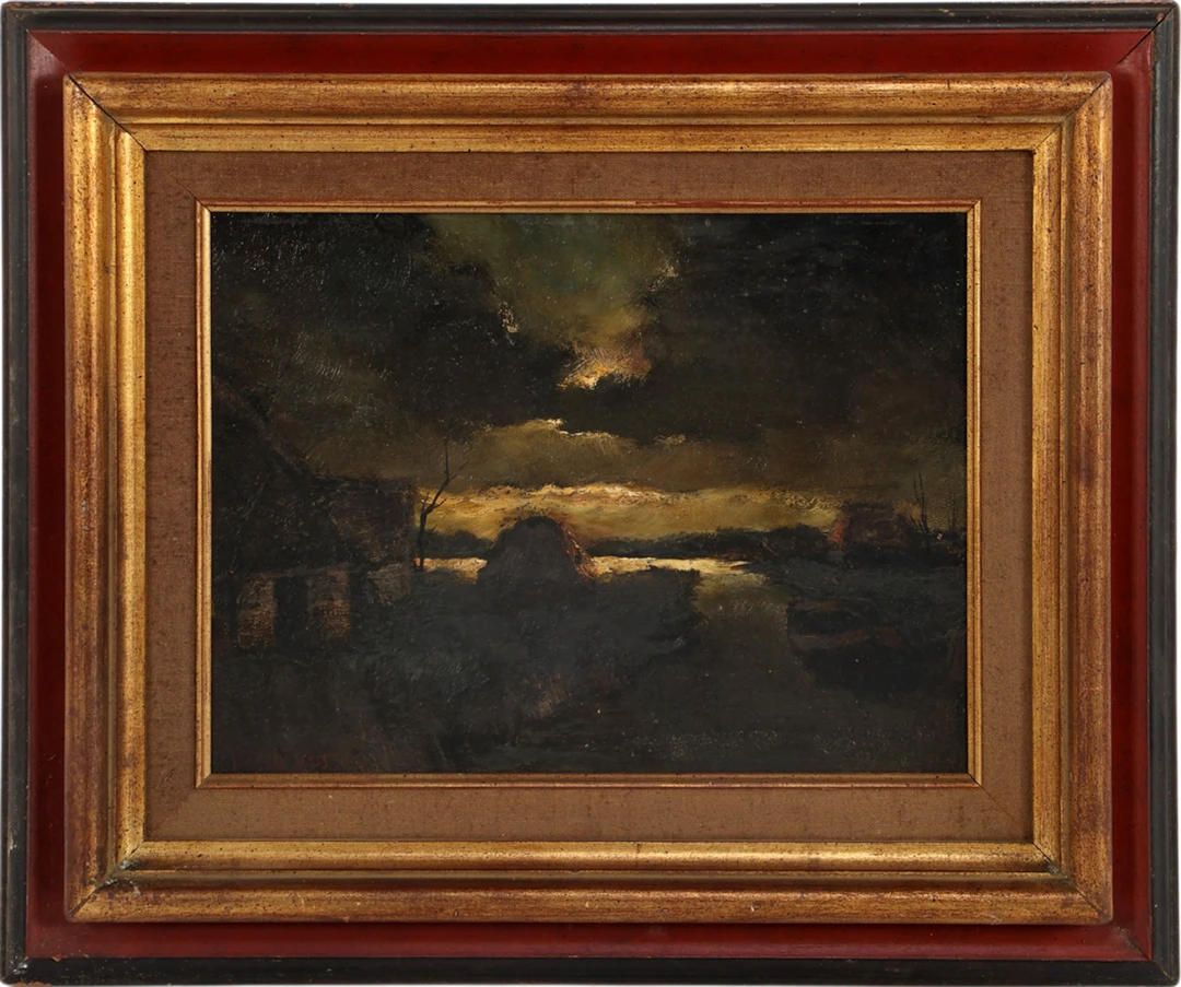 Landschap met boerderij en korenschoof