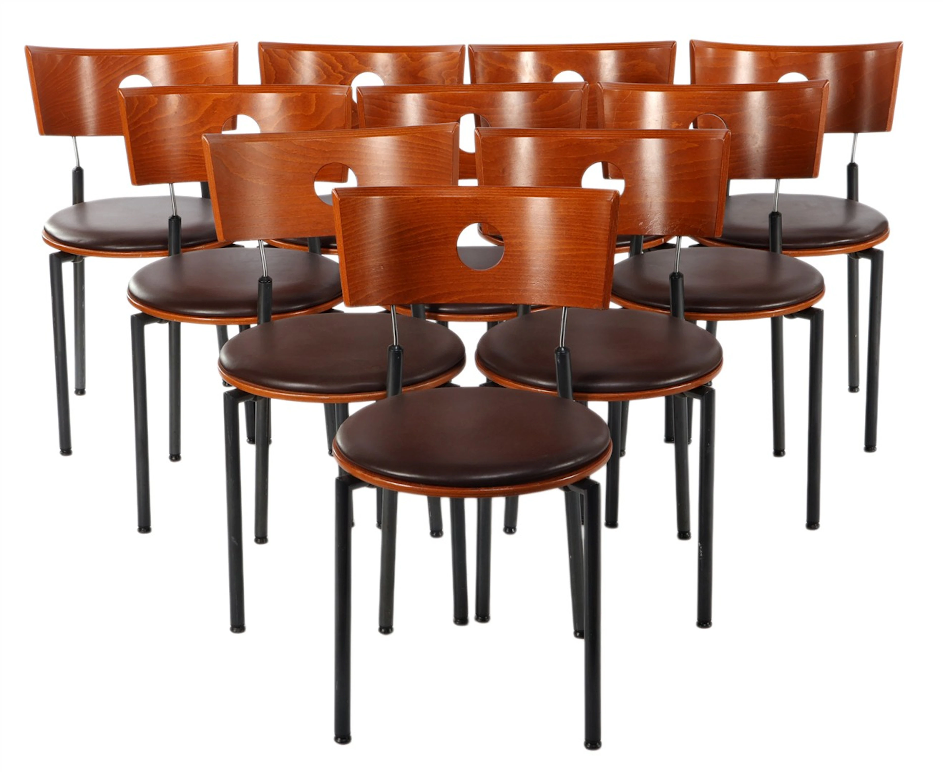 11 eetkamerstoelen met multiplex rug gedragen door blauw...