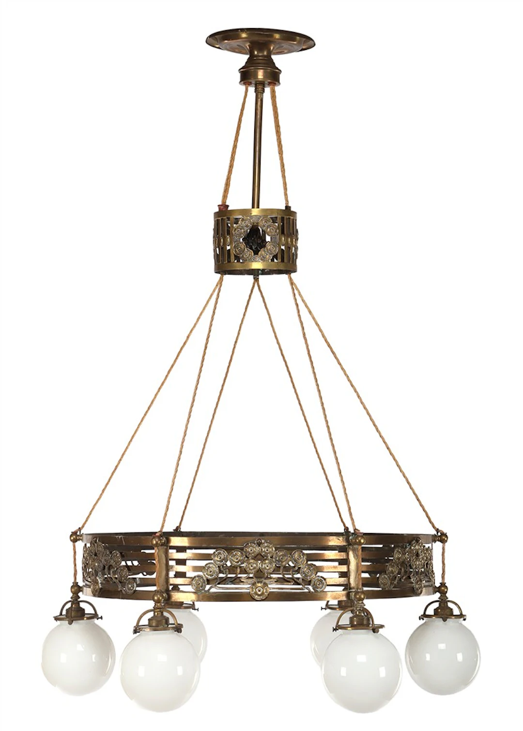 Art Nouveau koperen 6-lichts hanglamp met witte glazen bollen