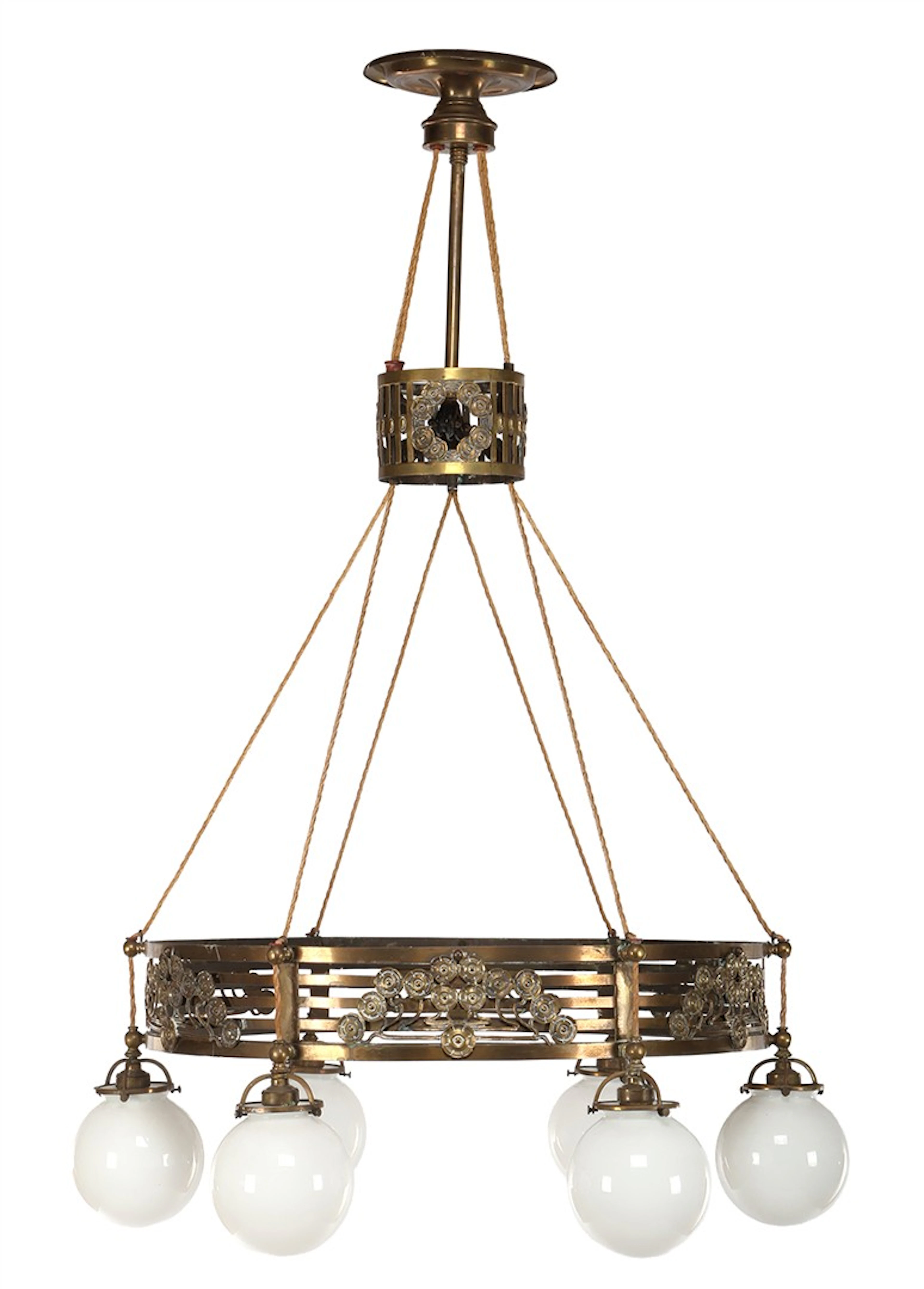 Art Nouveau koperen 6-lichts hanglamp met witte glazen bollen