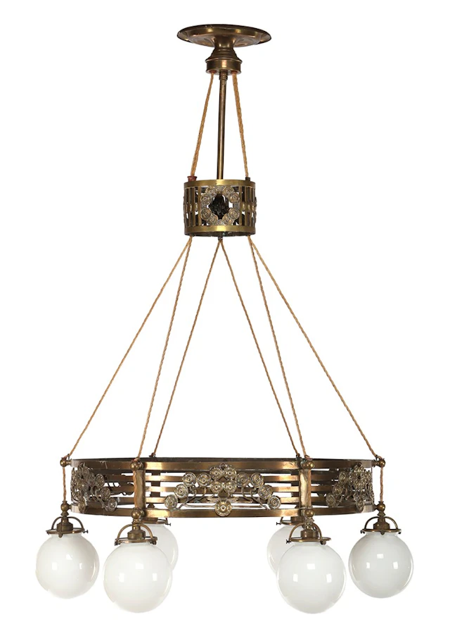 Art Nouveau koperen 6-lichts hanglamp met witte glazen bollen