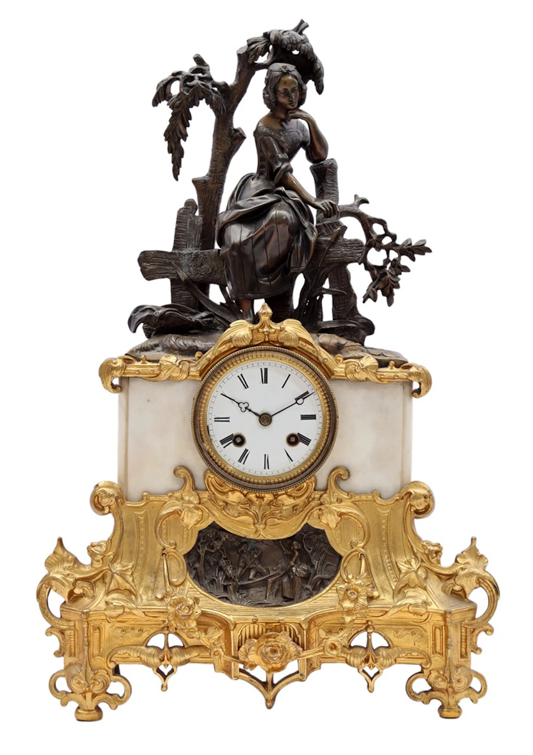 Klassieke pendule met beeld van een vrouw op een hek