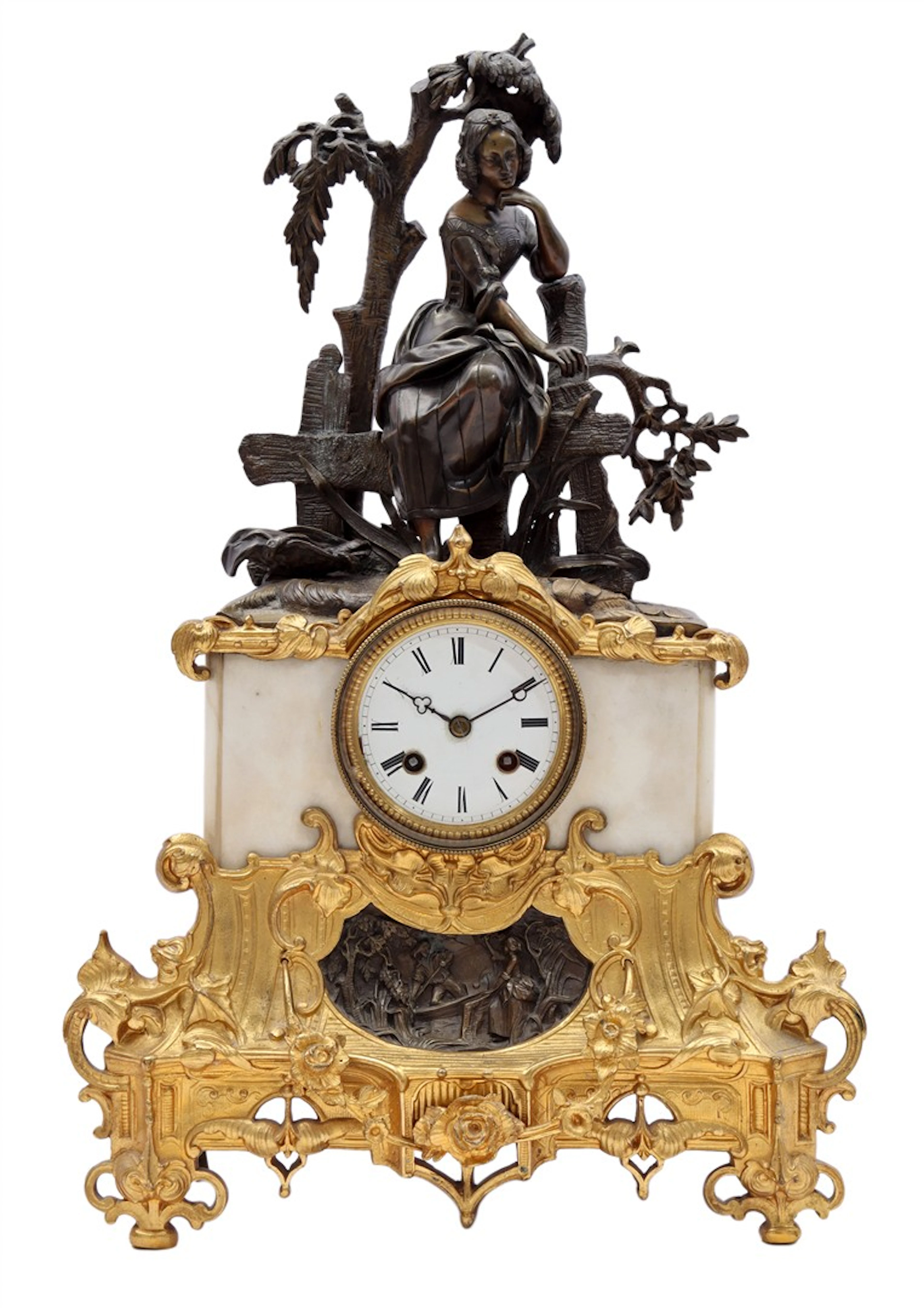 Klassieke pendule met beeld van een vrouw op een hek