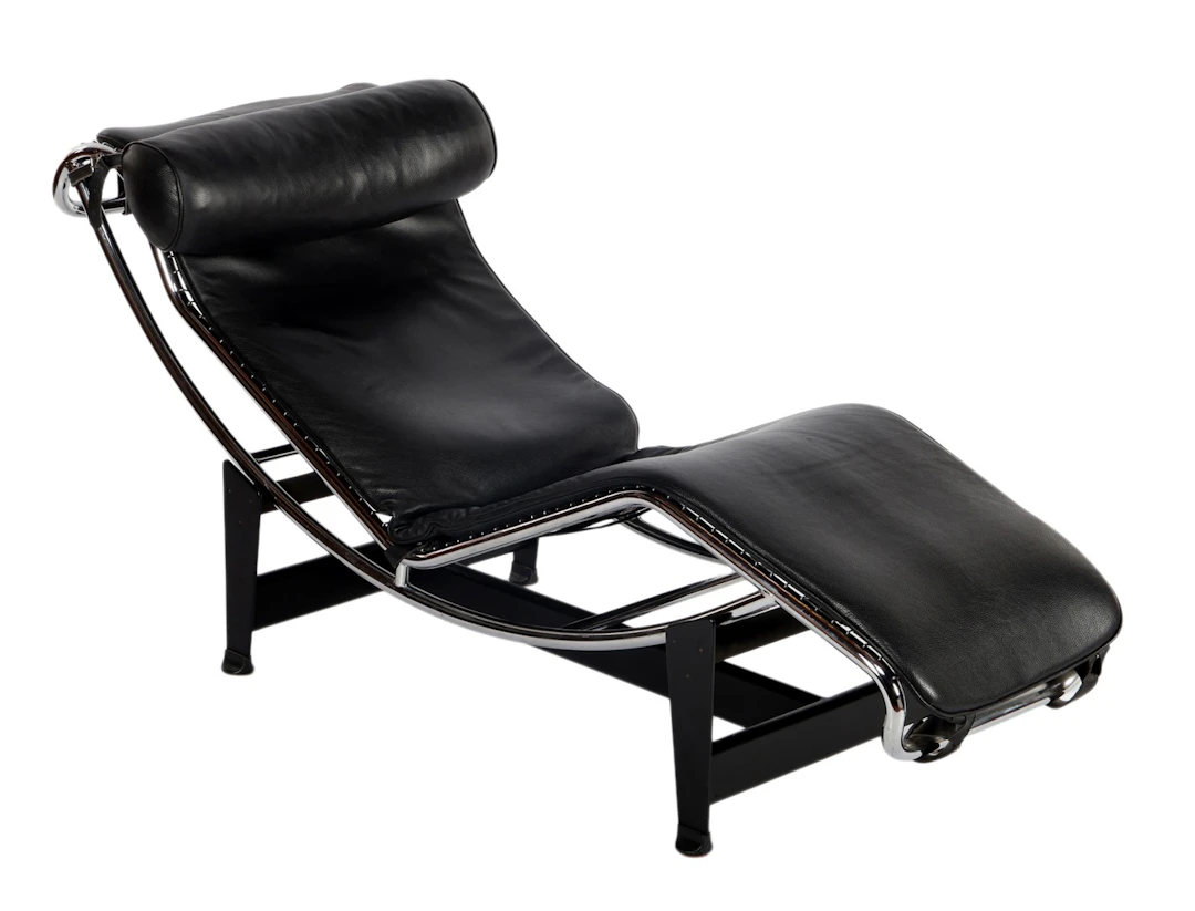 Verchroomd metalen chaise longue met zwart lederen...