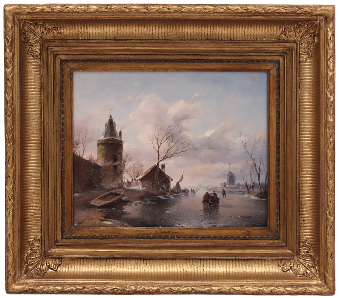 Winters landschap met toren en huis aan meer met koek en zopie en vele figuren