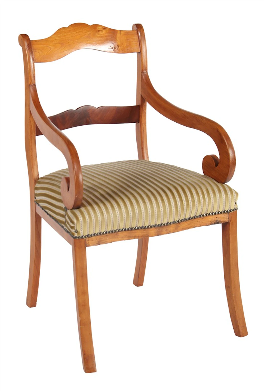 Biedermeier kersenhouten armstoel met gestreepte stoffering
