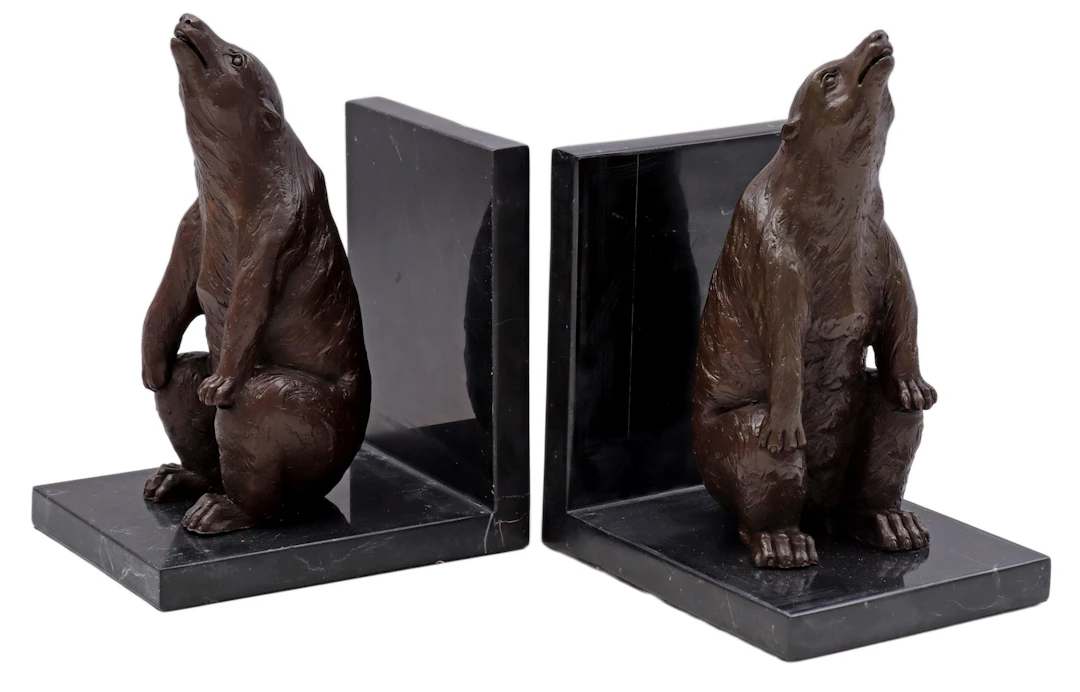 2 bronzen beren op marmer boekensteunen