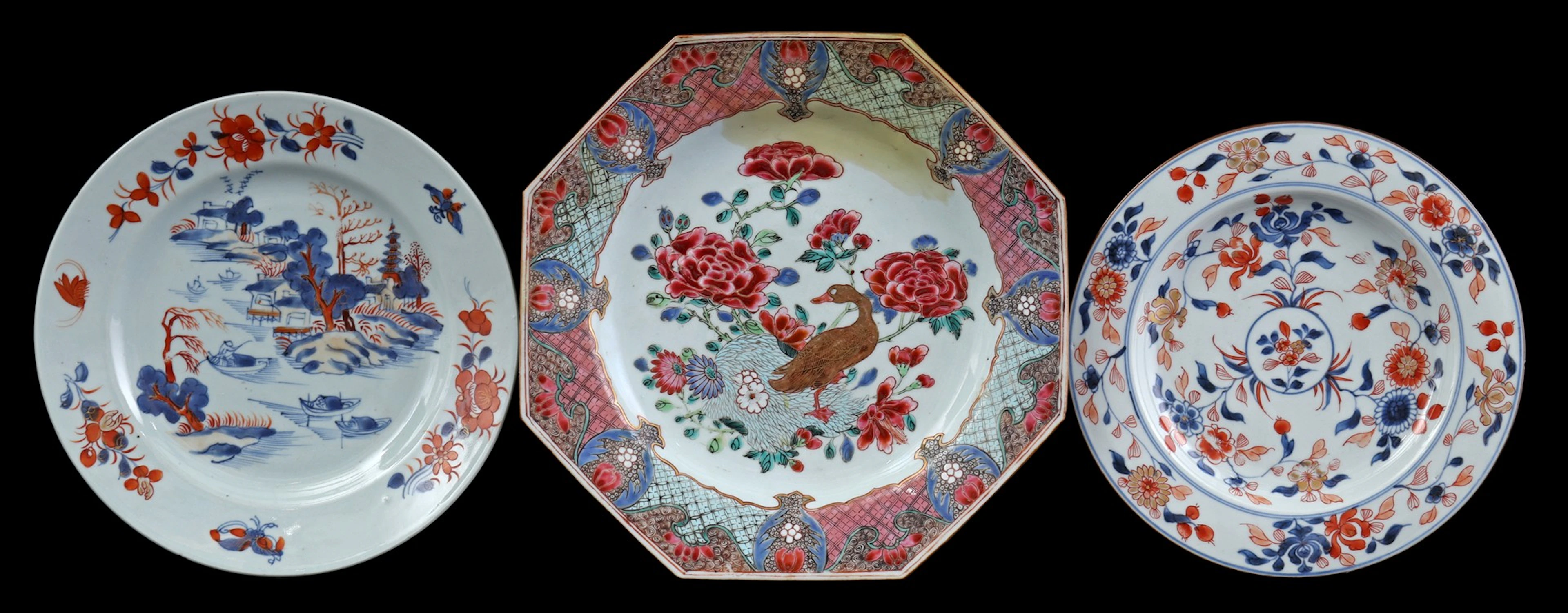 Octogonale porseleinen Famille Rose schotel met decor van eend bij vijver