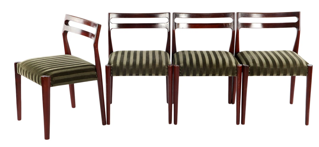 4 beukenhouten eetkamerstoelen met groen gestreepte stoffering