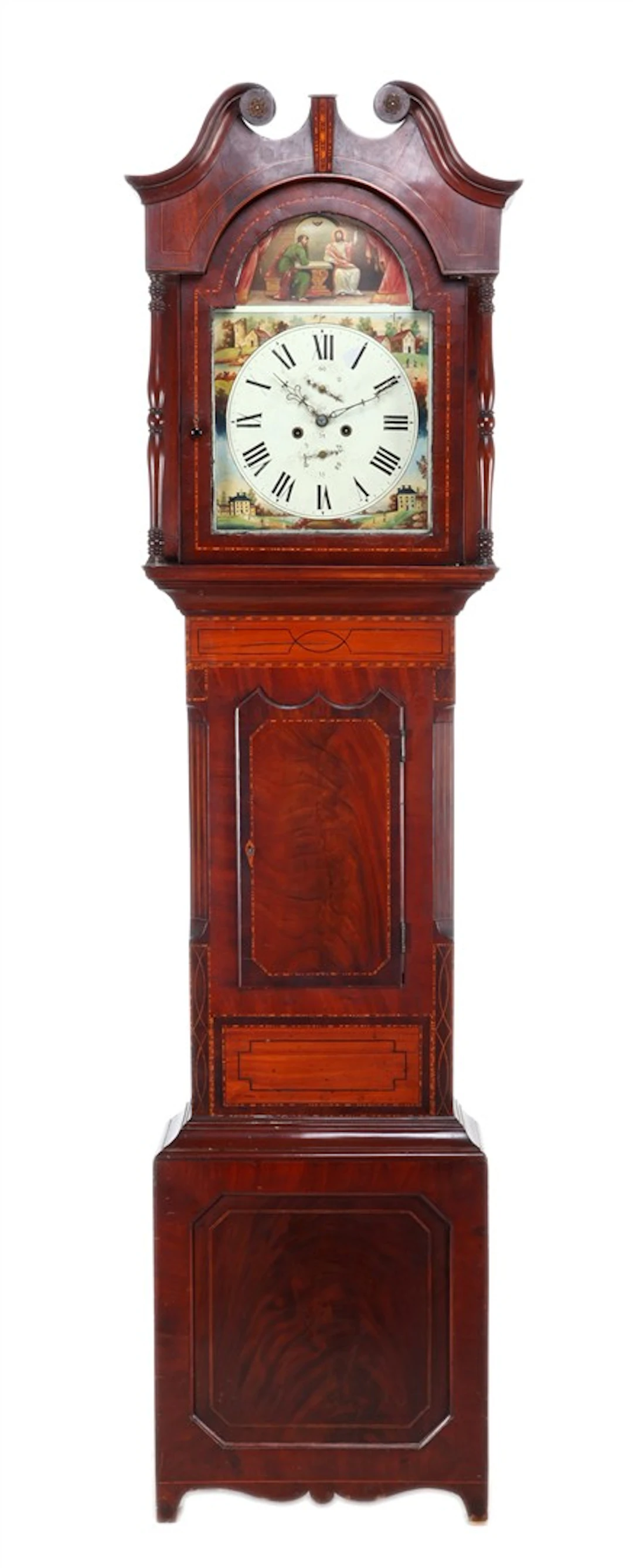 Staand horloge in een noten kast en voorzien van een beschilderde wijzerplaat