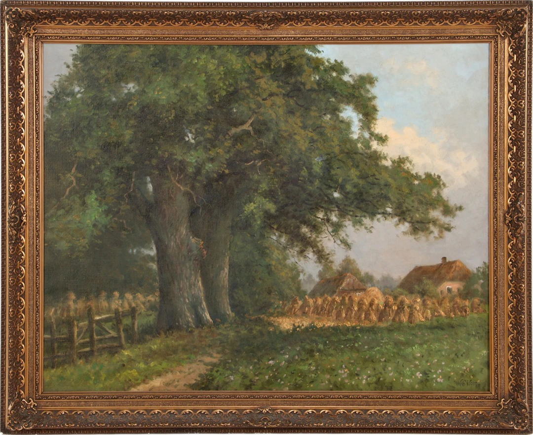 Hollands landschap met robuiste eiken en akker met korenschoven