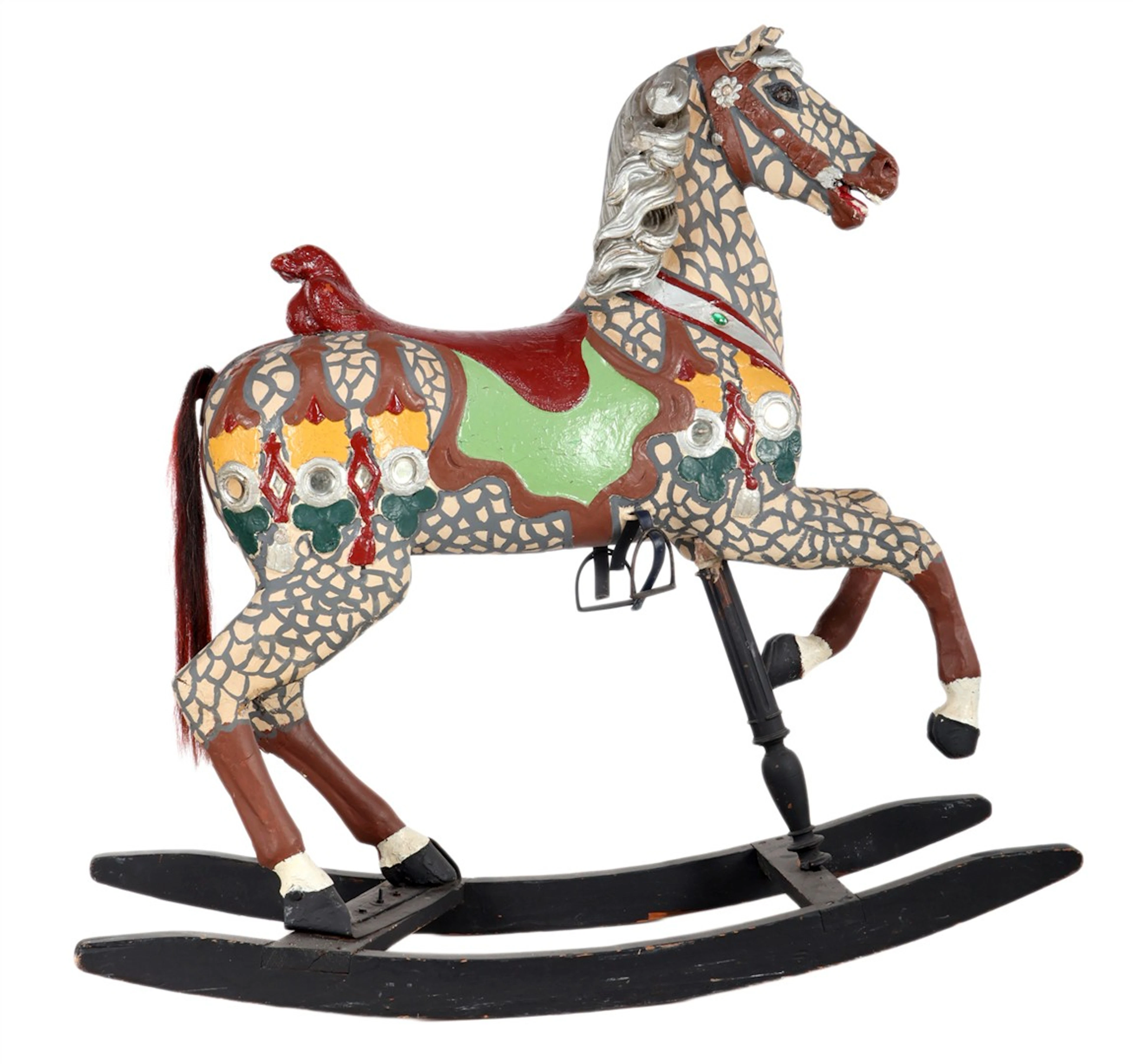 Houten hobbelpaard met polychroom decor
