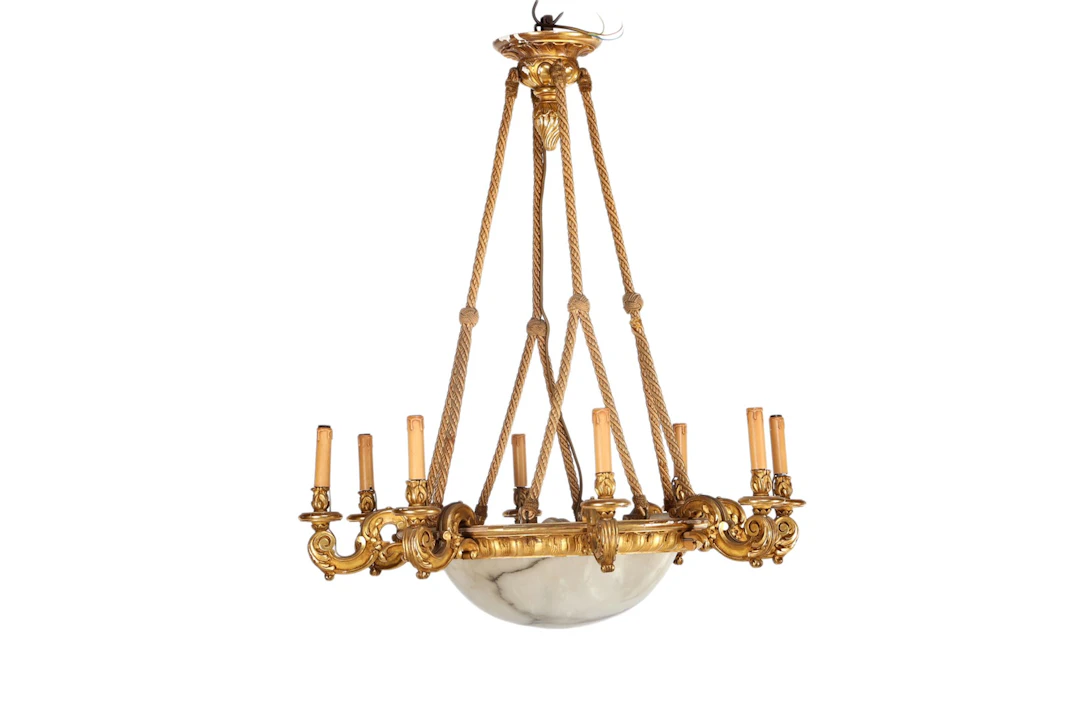 8+4 lichts goudkleurige houten hanglamp met voluutvormige...