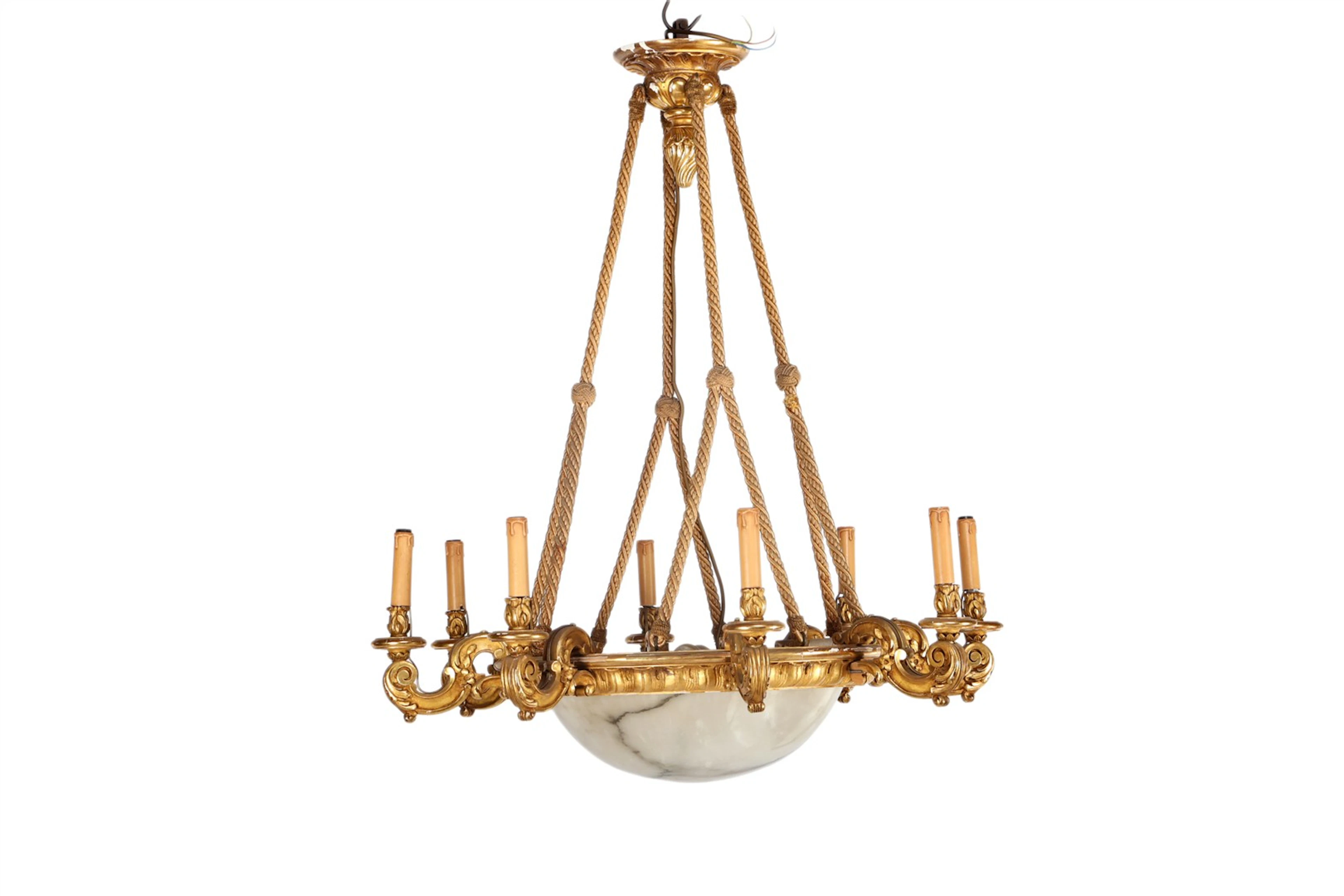 8+4 lichts goudkleurige houten hanglamp met voluutvormige...