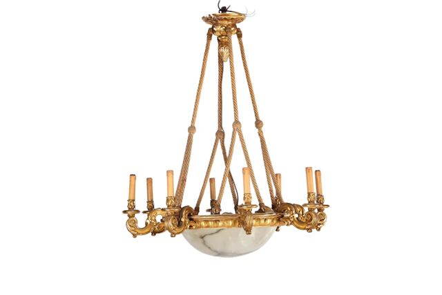 8+4 lichts goudkleurige houten hanglamp met voluutvormige...