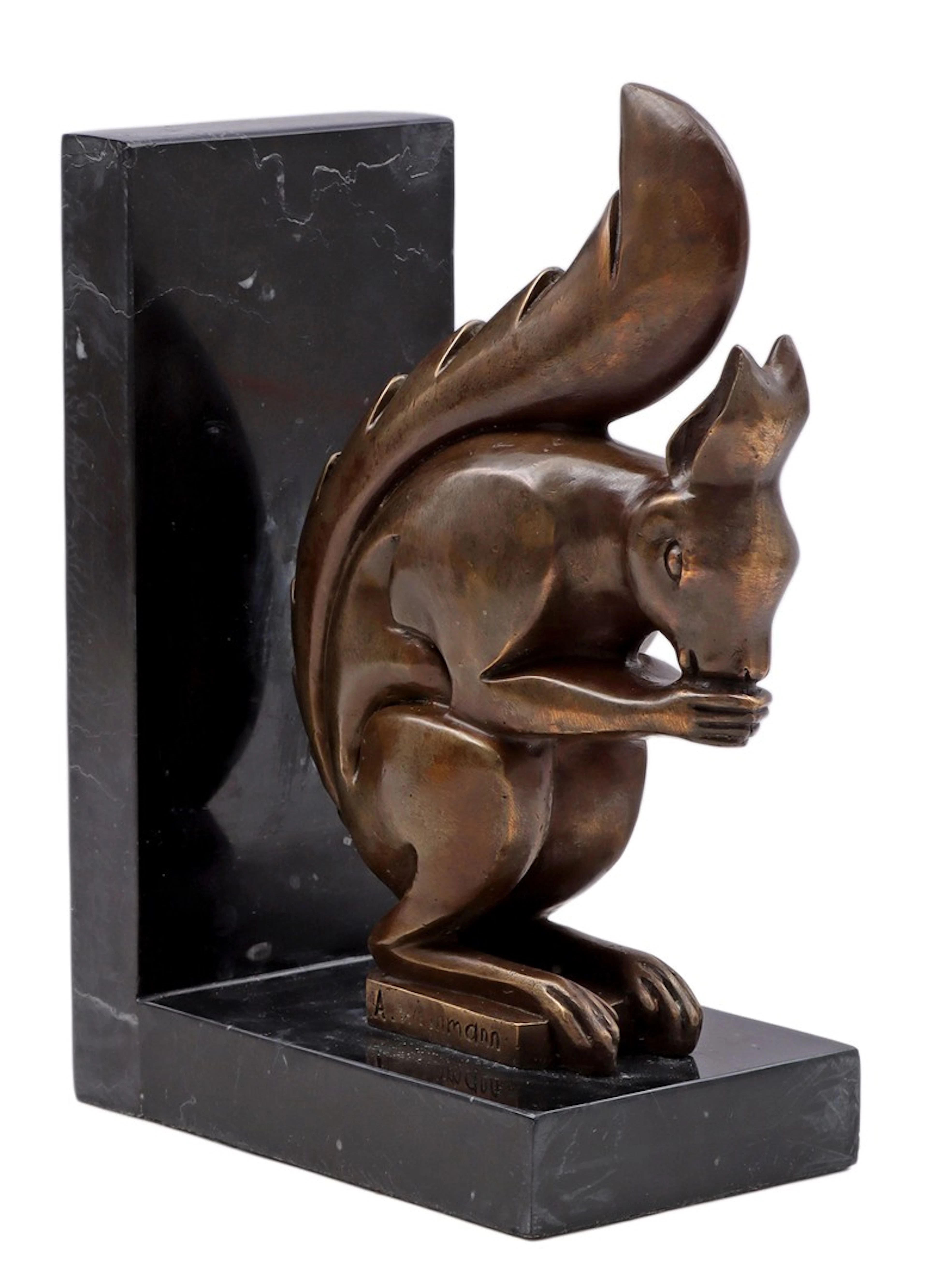 Bronzen eekhoorn op marmer boekensteun