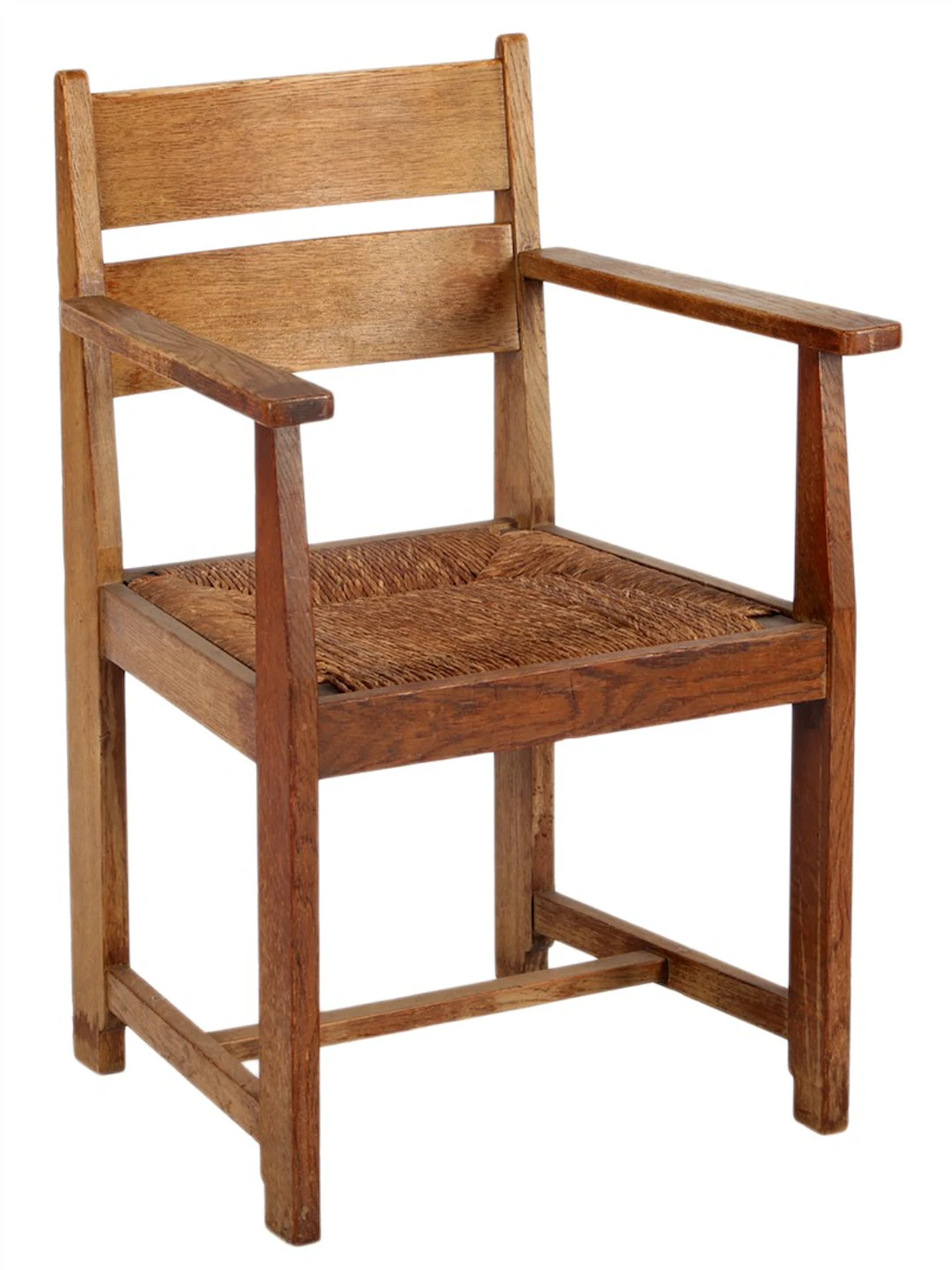 Modernisme iepenhouten armstoel met biezen mat