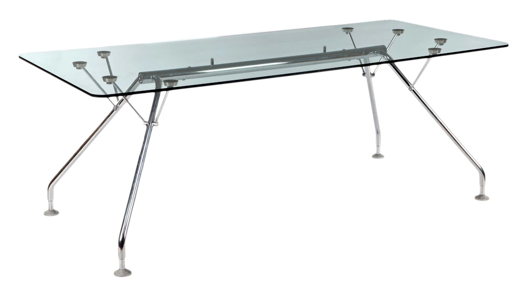 Verchroomd metalen bureau/eetkamertafel met glazen blad